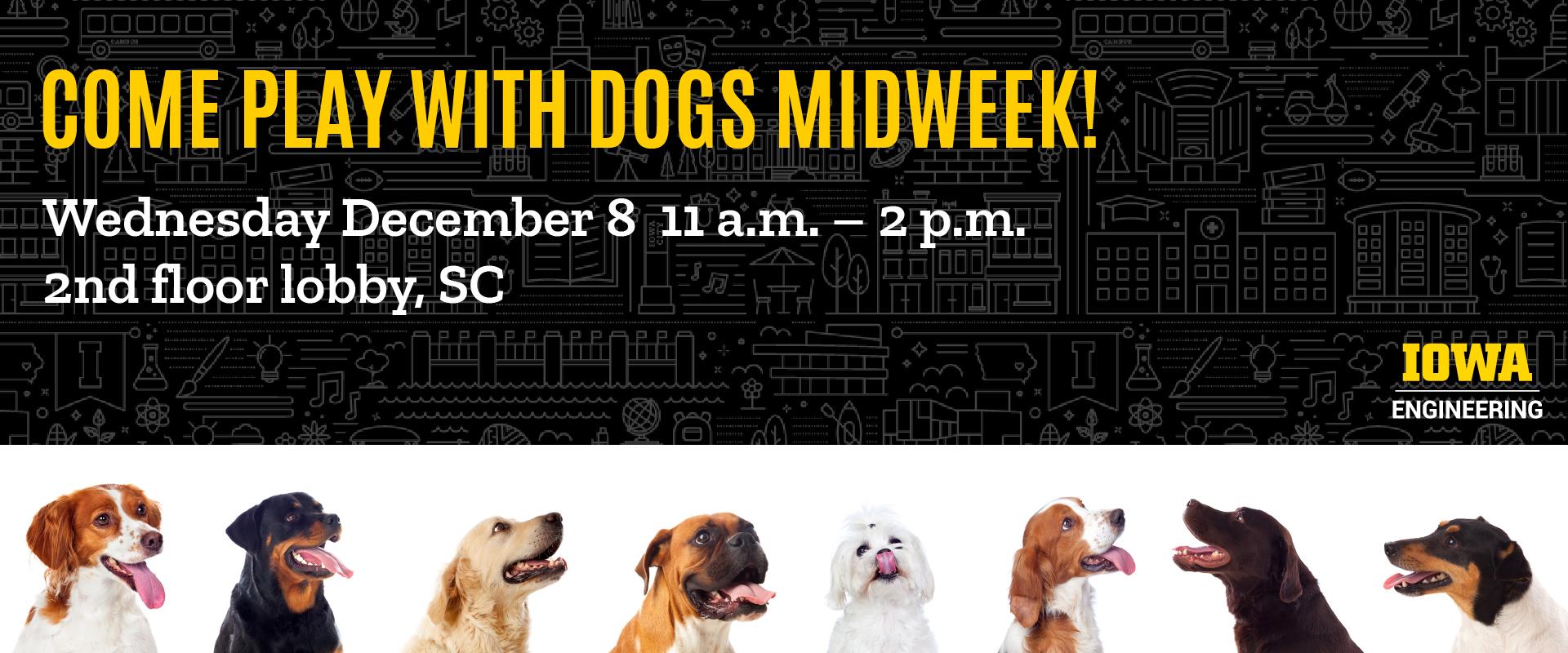 dog therapy on december 8th from 11am - 2pm in the 2nd floor lobby of the seamans center