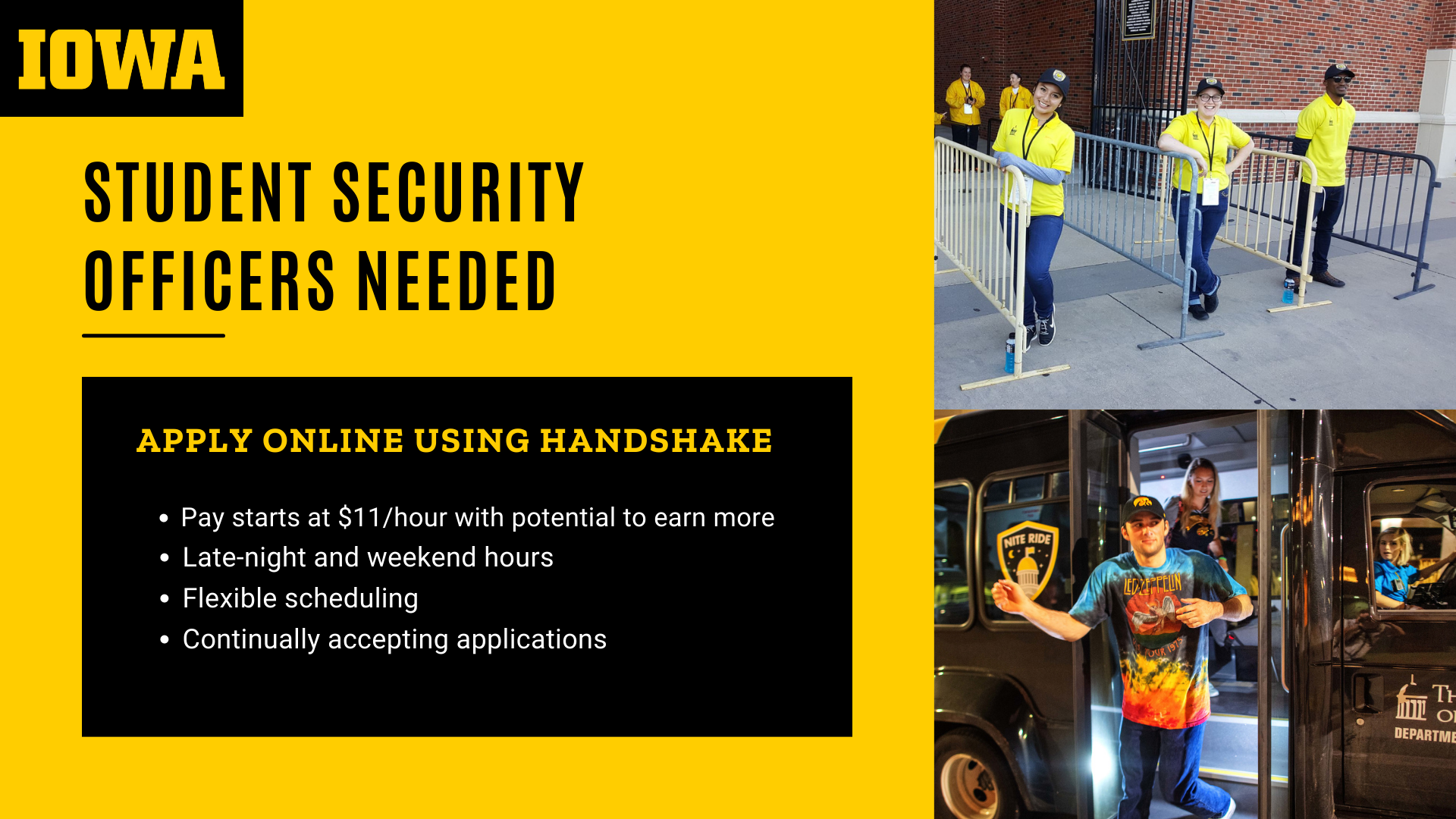 [ID] Black text on gold background says "Student Security Officers Needed Apply online using handshake."