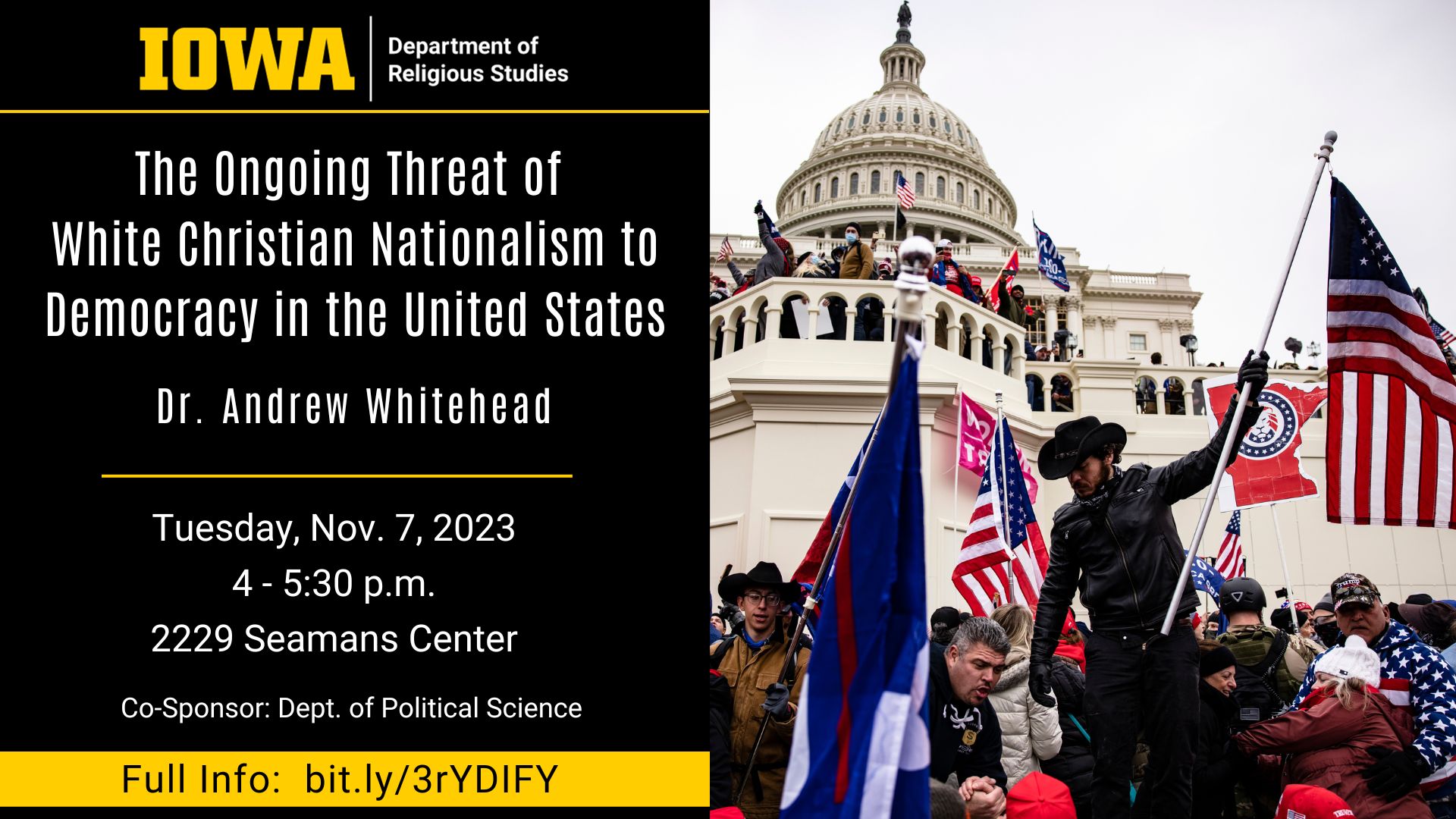 Event flyer with image of January 6, 2021, insurrectionists bearing flags at the US Capitol