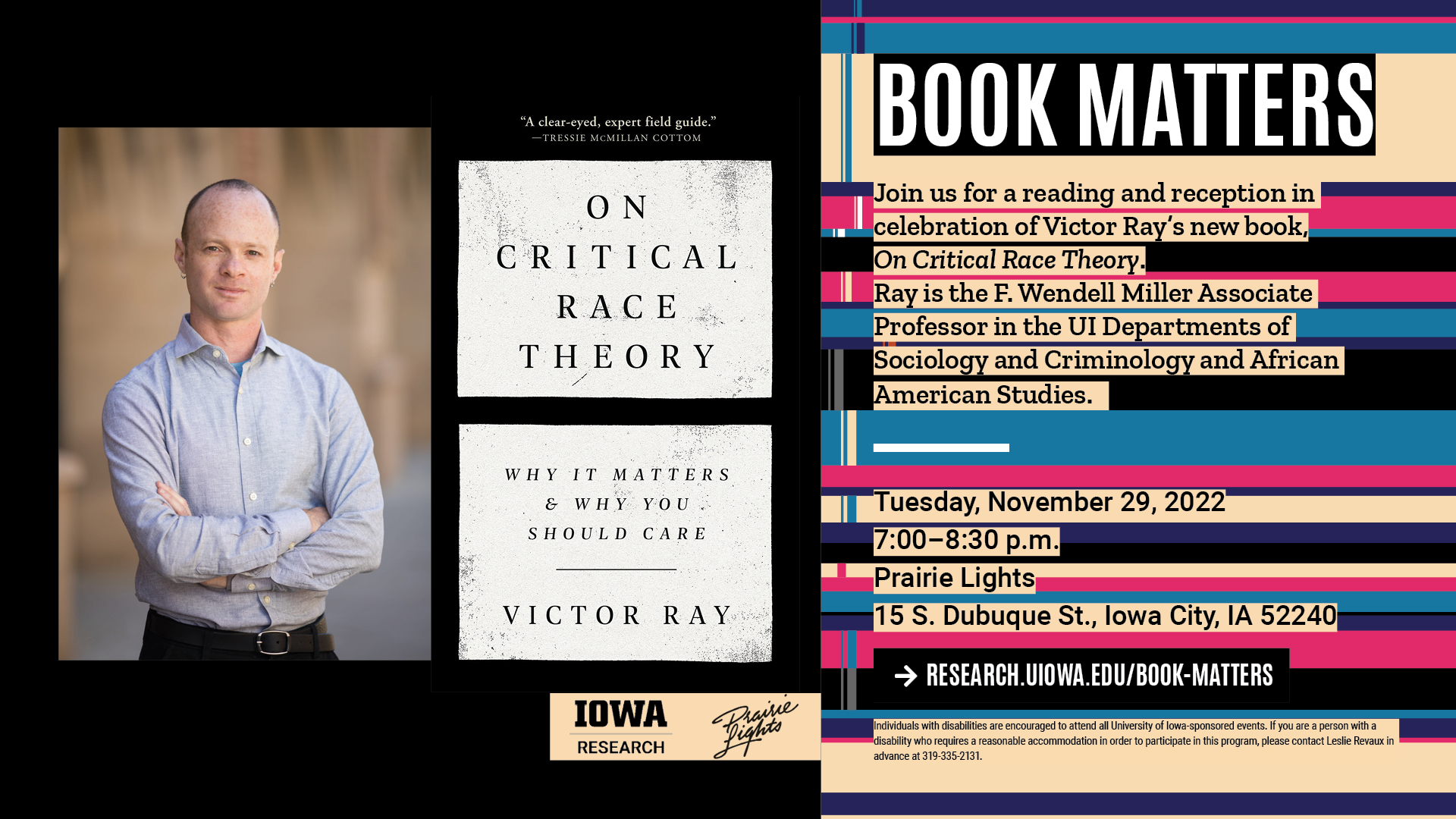 Book Matters - Victor Ray book talk on new release 'On Critical Race Theory' November 29, Prairie Lights Bookstore, 7:00pm