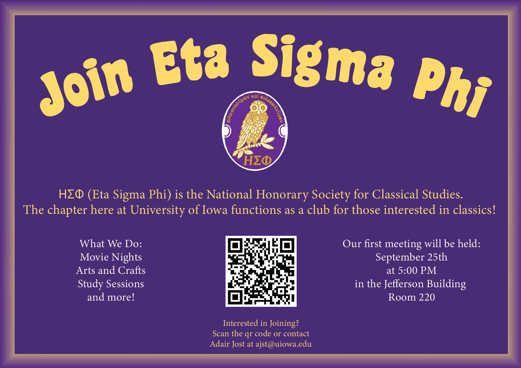 sign encouraging students to joing Eta Sigma Phi, an honorary Society and club