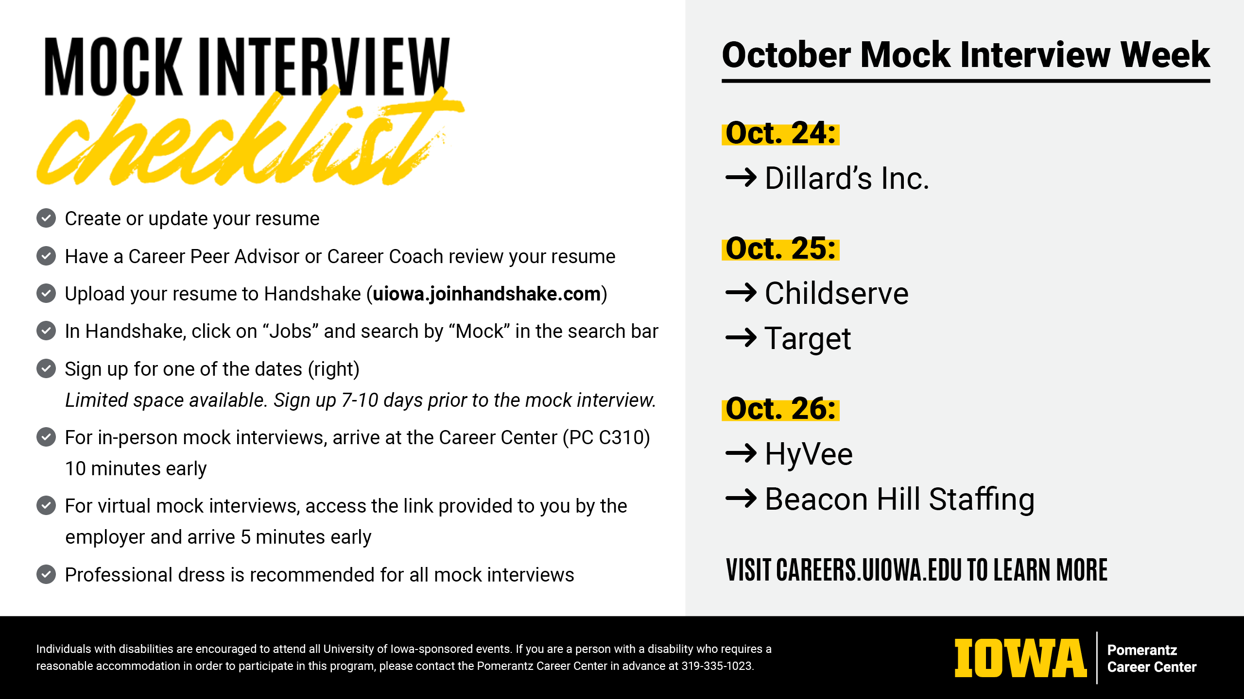 October Mock Interviews - Oct 24: Dillard's Inc., Oct 25: Childserve & Target, Oct 26: HyVee & Beacon Hill Staffing