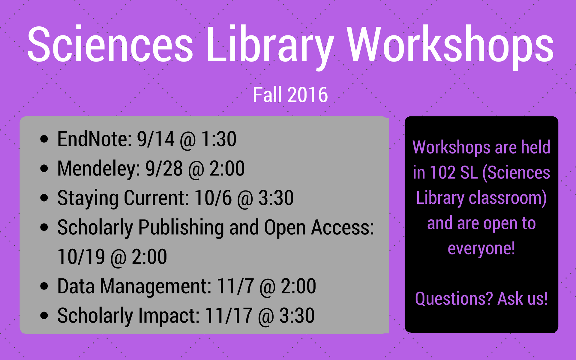 Fall 2016 Workshops