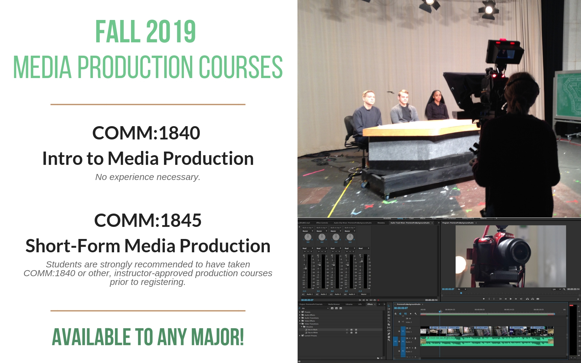 Fall 2019 Media Production Courses - photo of students in news room, still of editing software