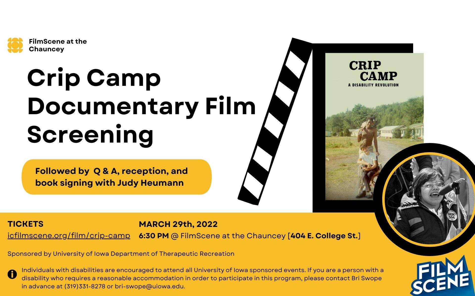 Judy Heumann appearing at Crip Camp film screening on March 29
