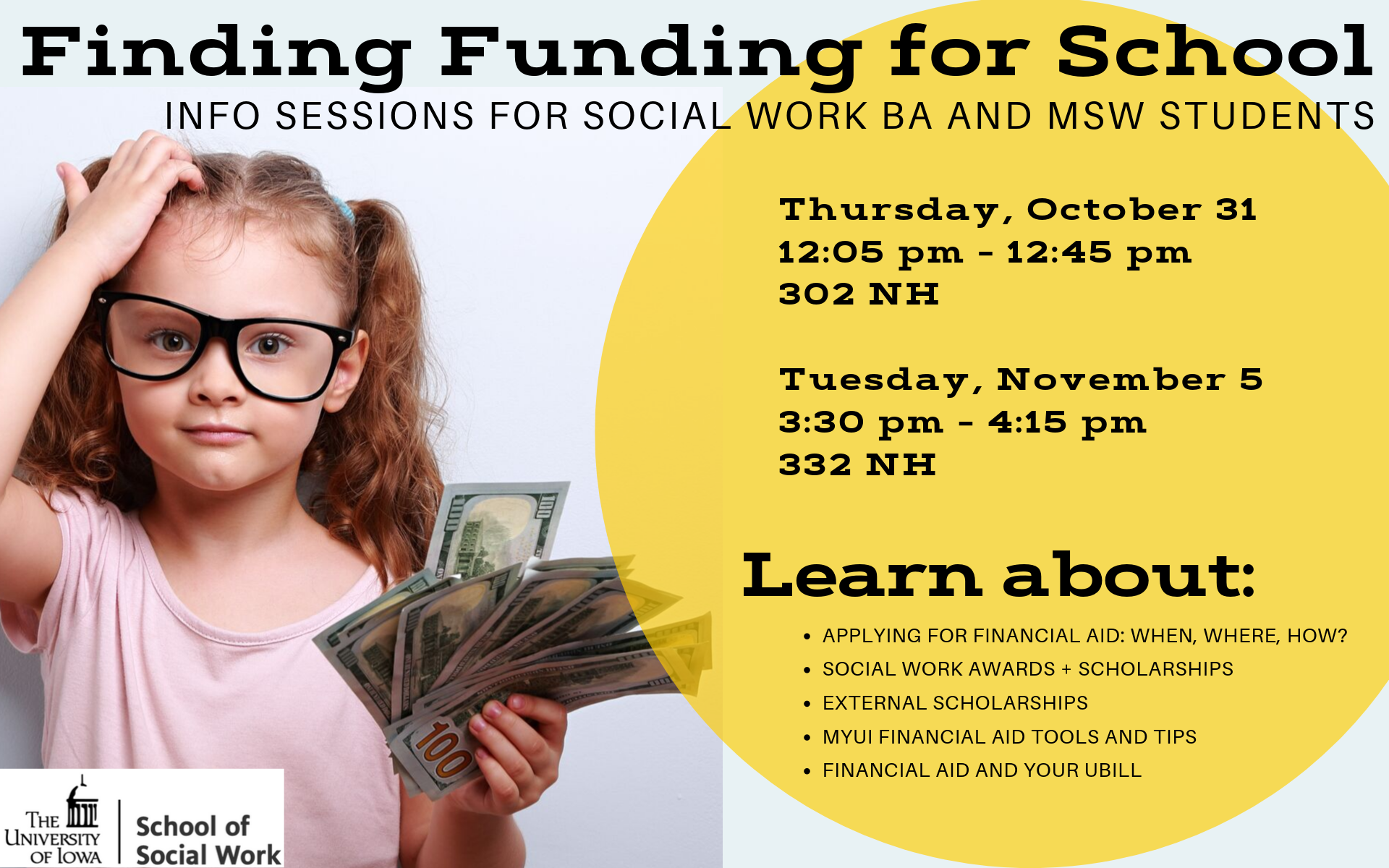 info sessions Oct. 31 and Nov. 5 on social work financial aid