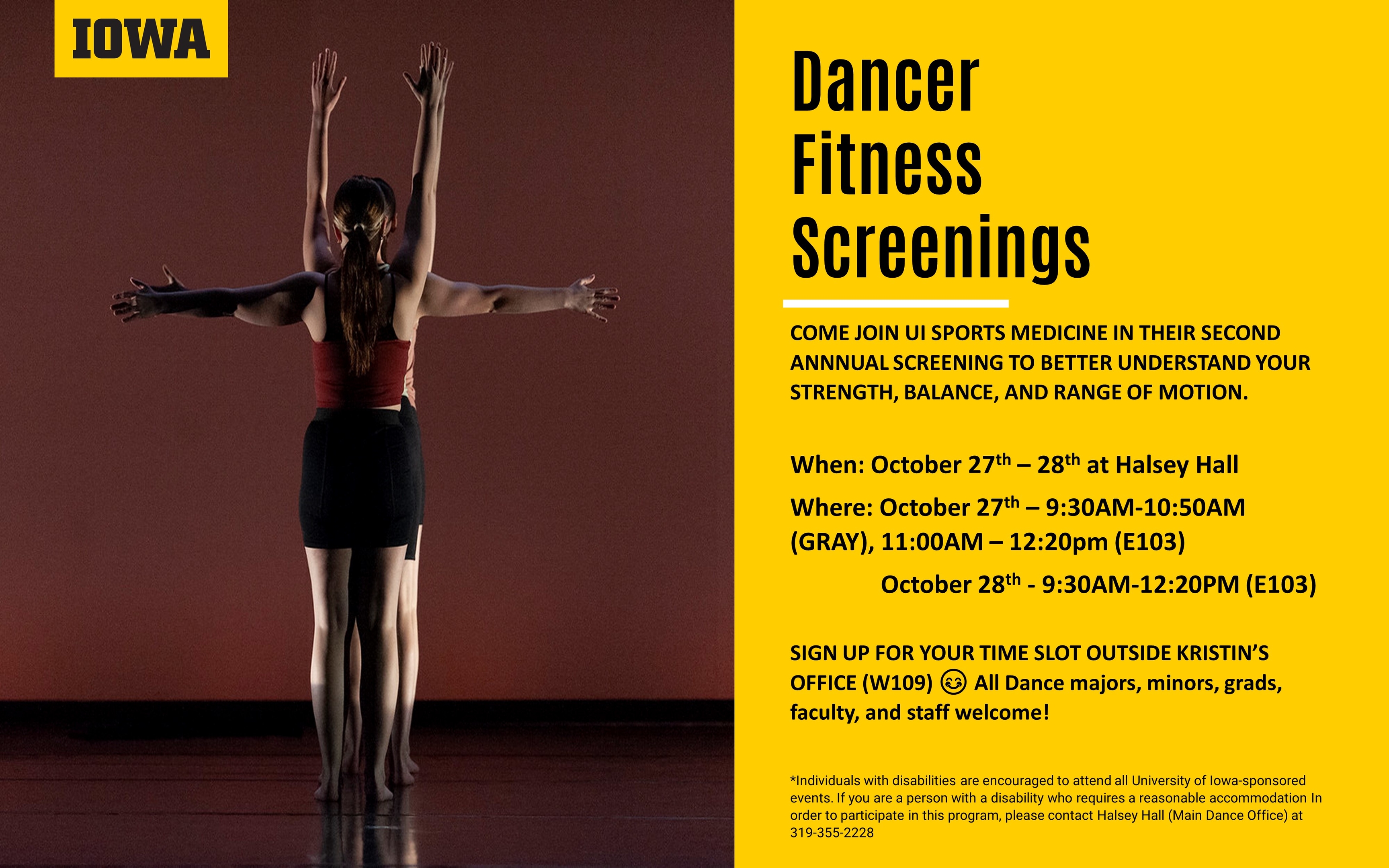 Dancer Fitness Screenings. Sign up outside of Kristin's office, W109