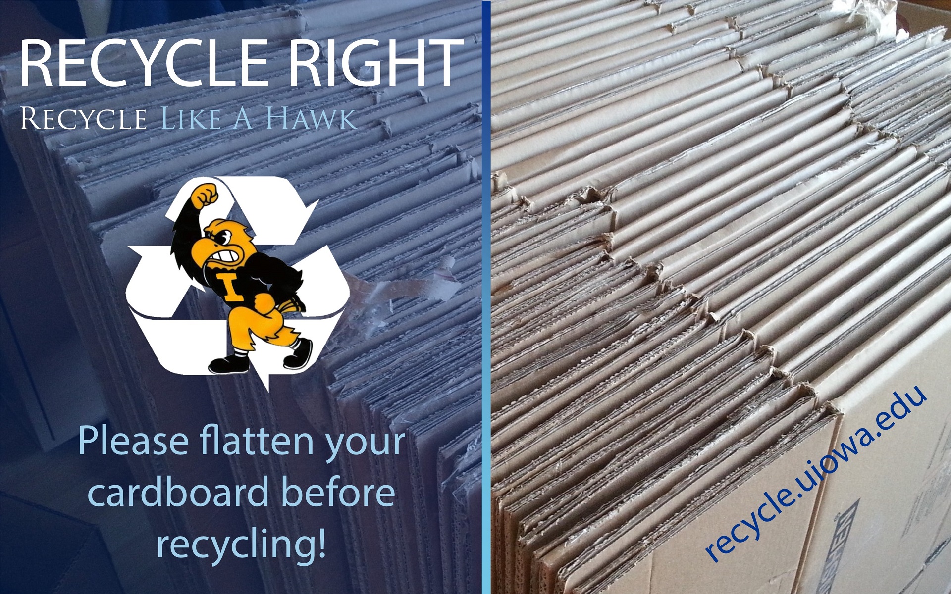 Recycle Right - Recycle Like a Hawk - Please flatten your cardboard before recycling! (Picture of flattened boxes and Herky overlayed on recycling arrow symbol)