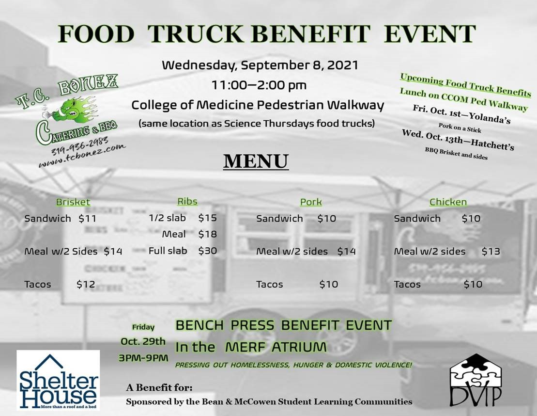 Fundraiser Food provided by TC Bonez, proceeds benefit Shelter House, 
