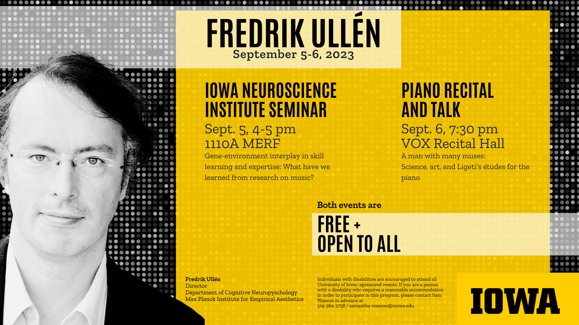Fredrik Ullen Neuroscience seminar Sept 5 and Piano recital Sept 6
