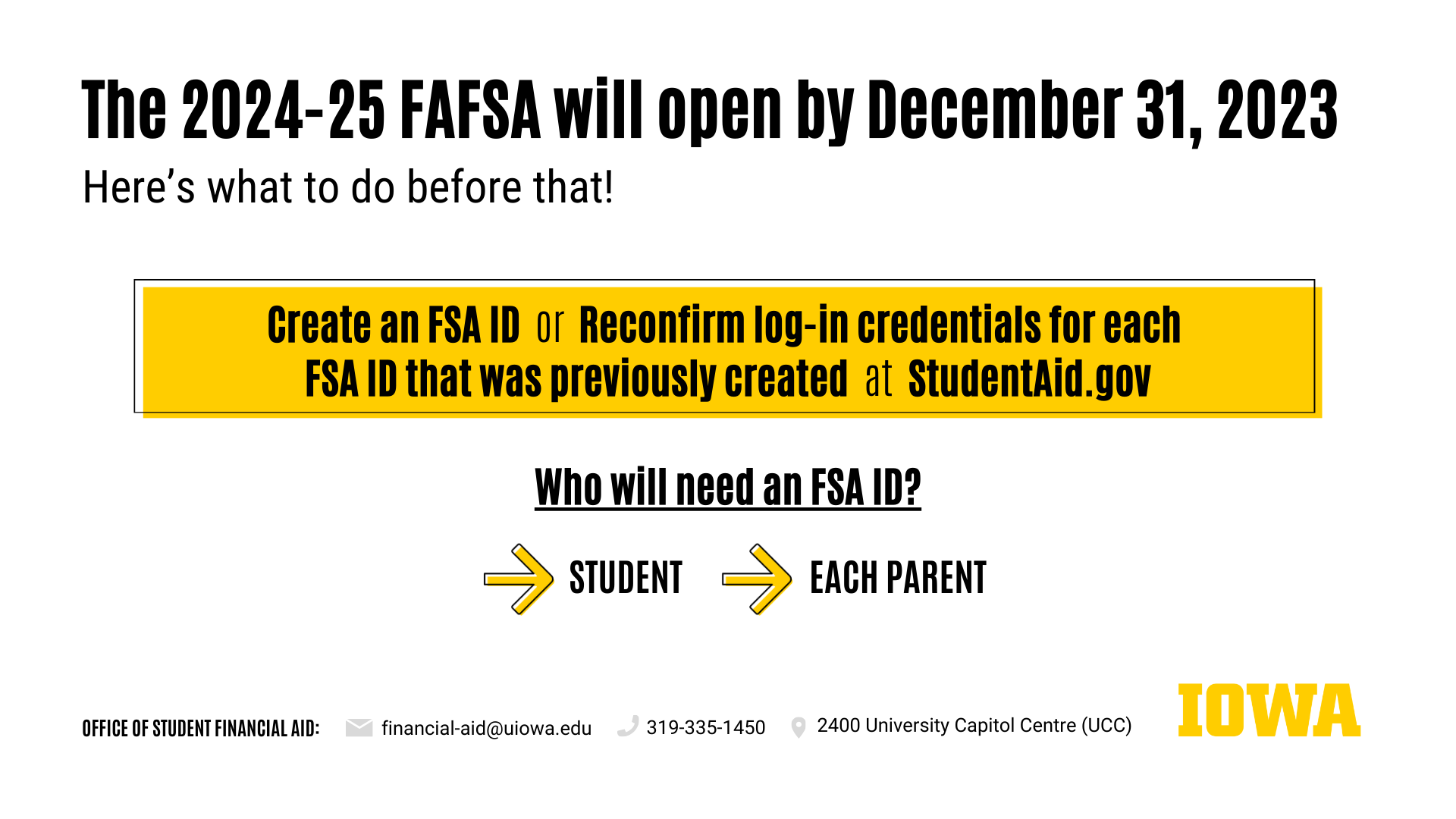 The 2024-25 FAFSA opens in December 2023. Here's what to do before that! Create or reconfirm your FSA ID. Who will need an FSA ID? Student and each parent.