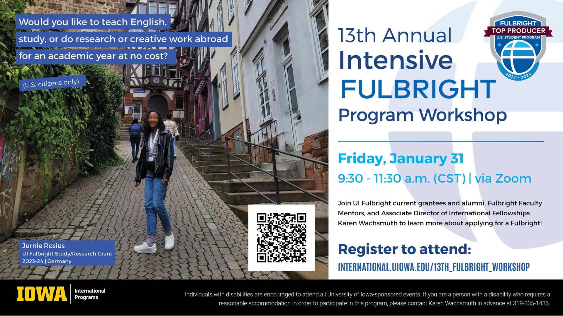 Intensive Fulbright program workshop. 1/31, 9:30-11:30a, zoom. register at international.uiowa.edu/13th_fulbright_workshop