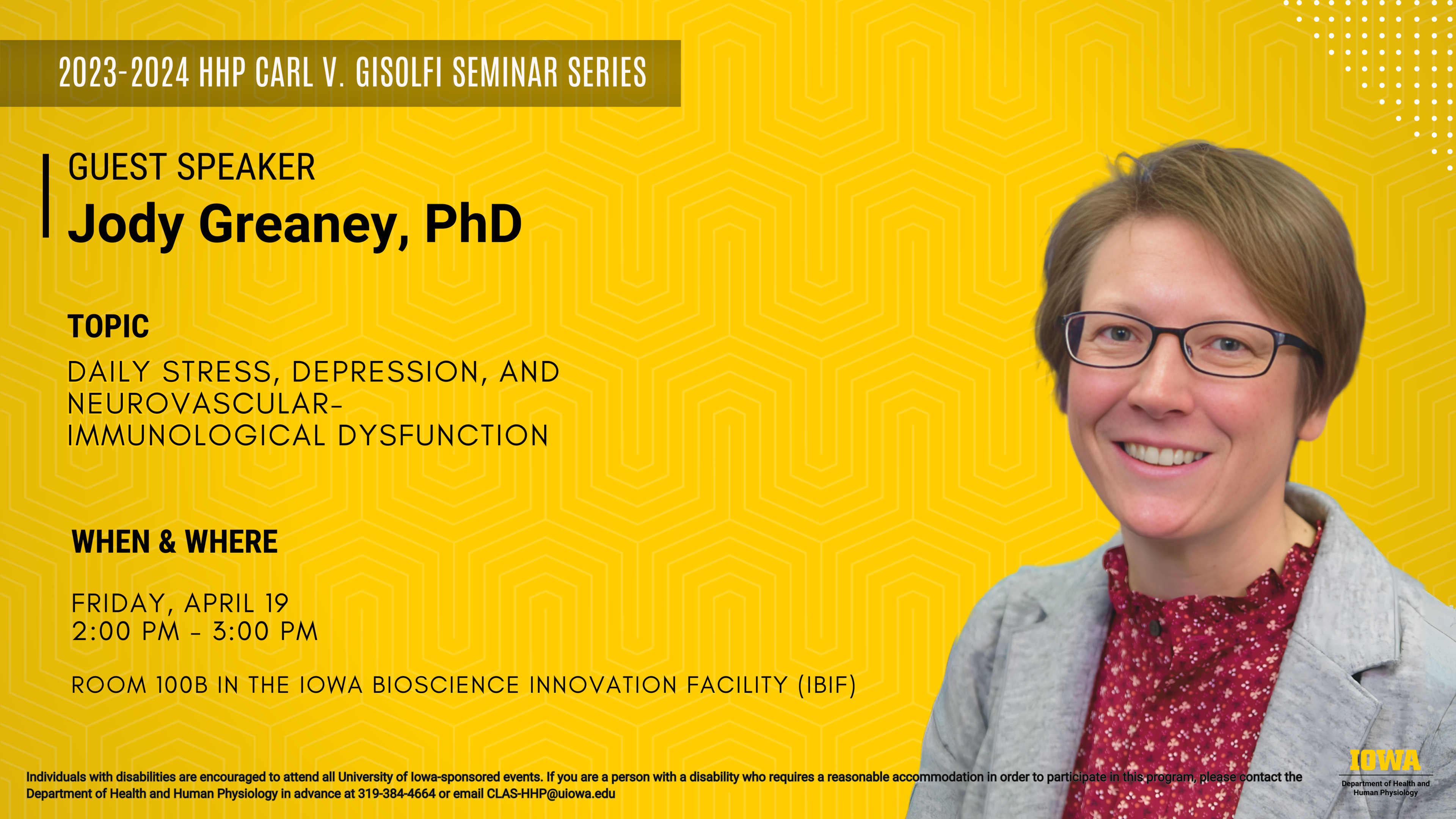 Jody Greaney, PhD Gisolfi Seminar Series April 19 from 2-3 PM