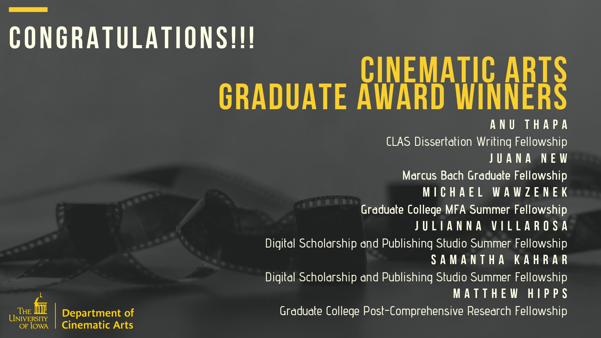 Congratulations cinematic arts graduate award winners!