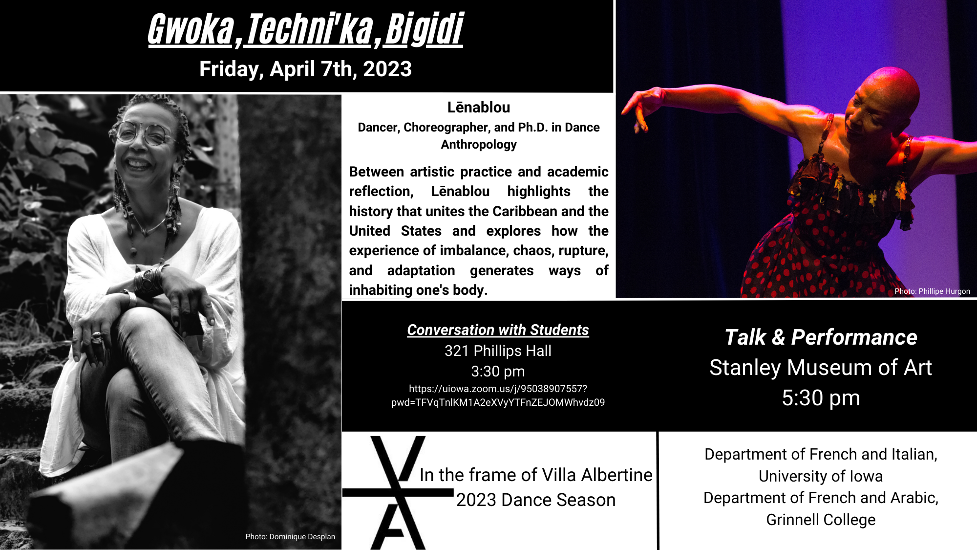 Gwoka, Techni'ka, Bigidi - Friday, April 7th, 2023 - Lenablou, dancer, choreographer, and Ph.D. in Dance Anthropology, will engage in conversation with students at 3:30 pm in 321 Phillips Hall and then give a talk and performance in the Stanley Museum of Art at 5:30 pm