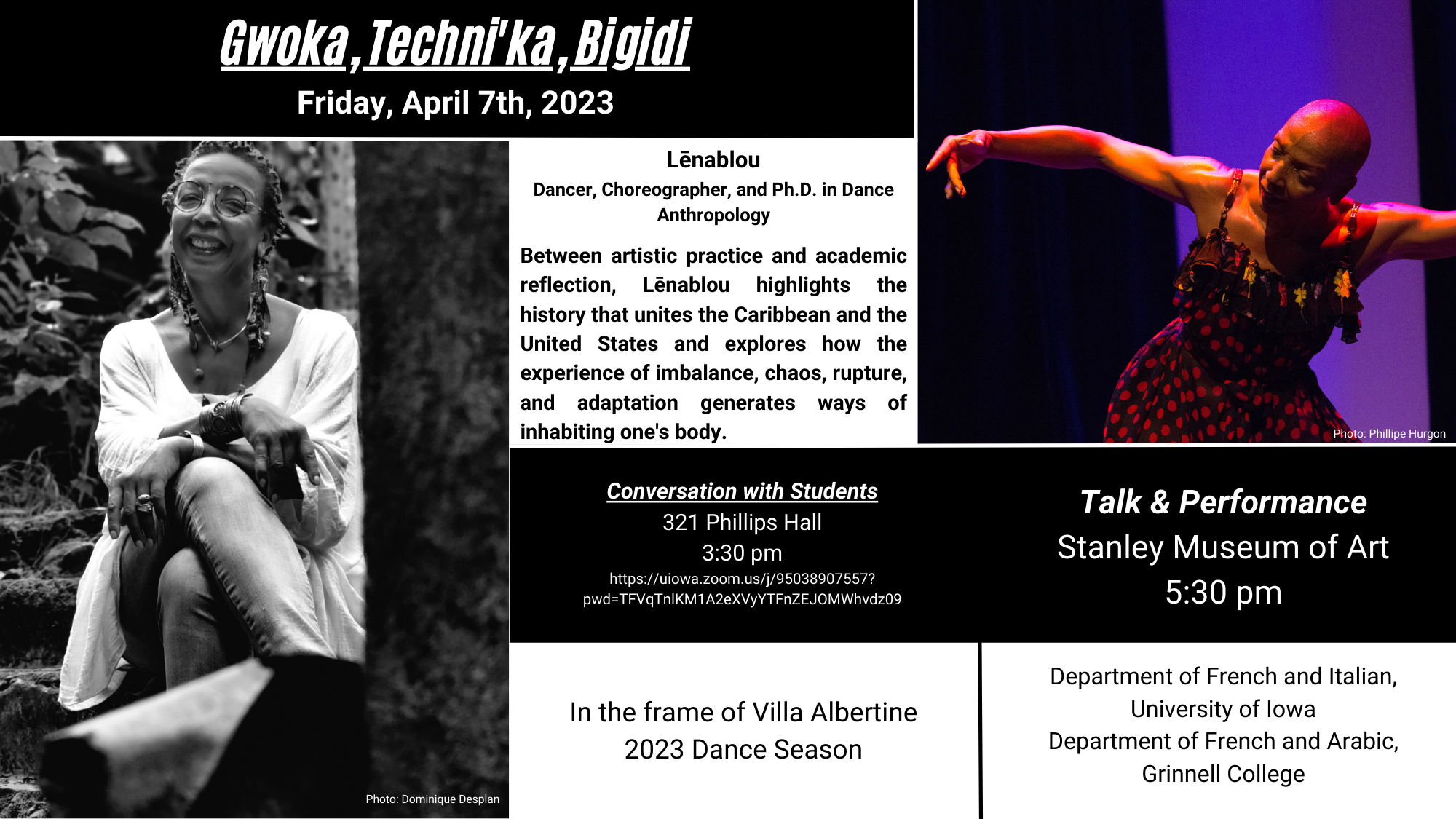 Gwoka, Techni'ka, Bigidi - Friday, April 7th, 2023 - Lenablou, dancer, choreographer, and Ph.D. in Dance Anthropology, will engage in conversation with students at 3:30 pm in 321 Phillips Hall and then give a talk and performance in the Stanley Museum of 