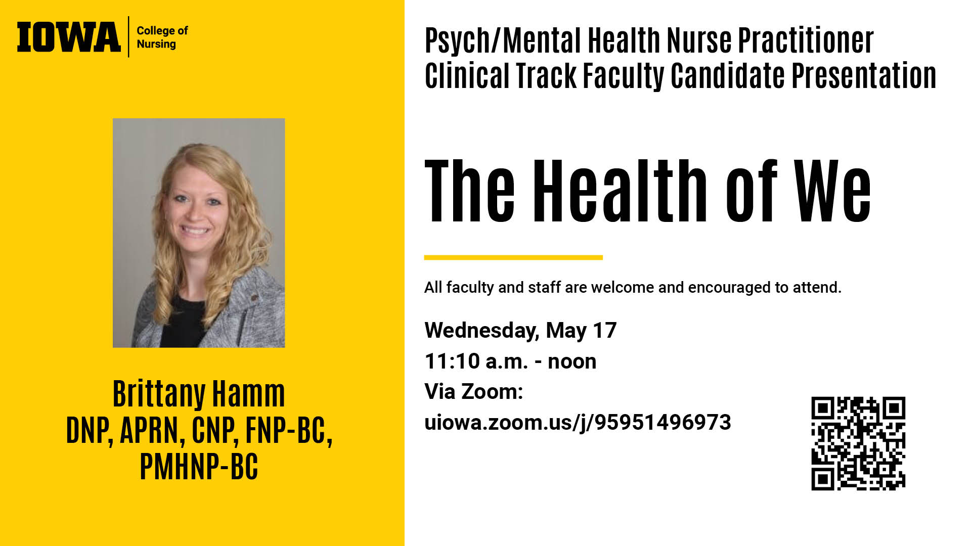 Faculty Candidate Presentation Brittany Hamm, May 17, 11:10 a.m. - noon