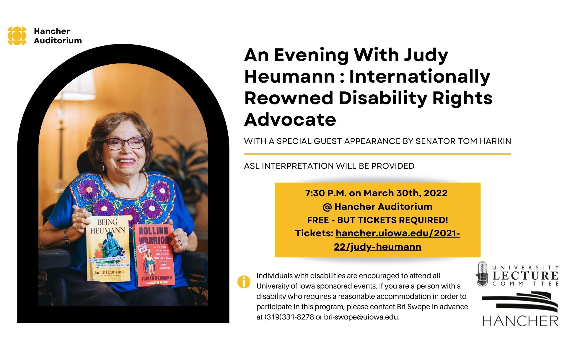 An evening with Judy Heumann, an author, activist, central figure in the documentary “Crip Camp,” and internationally known civil rights advocate