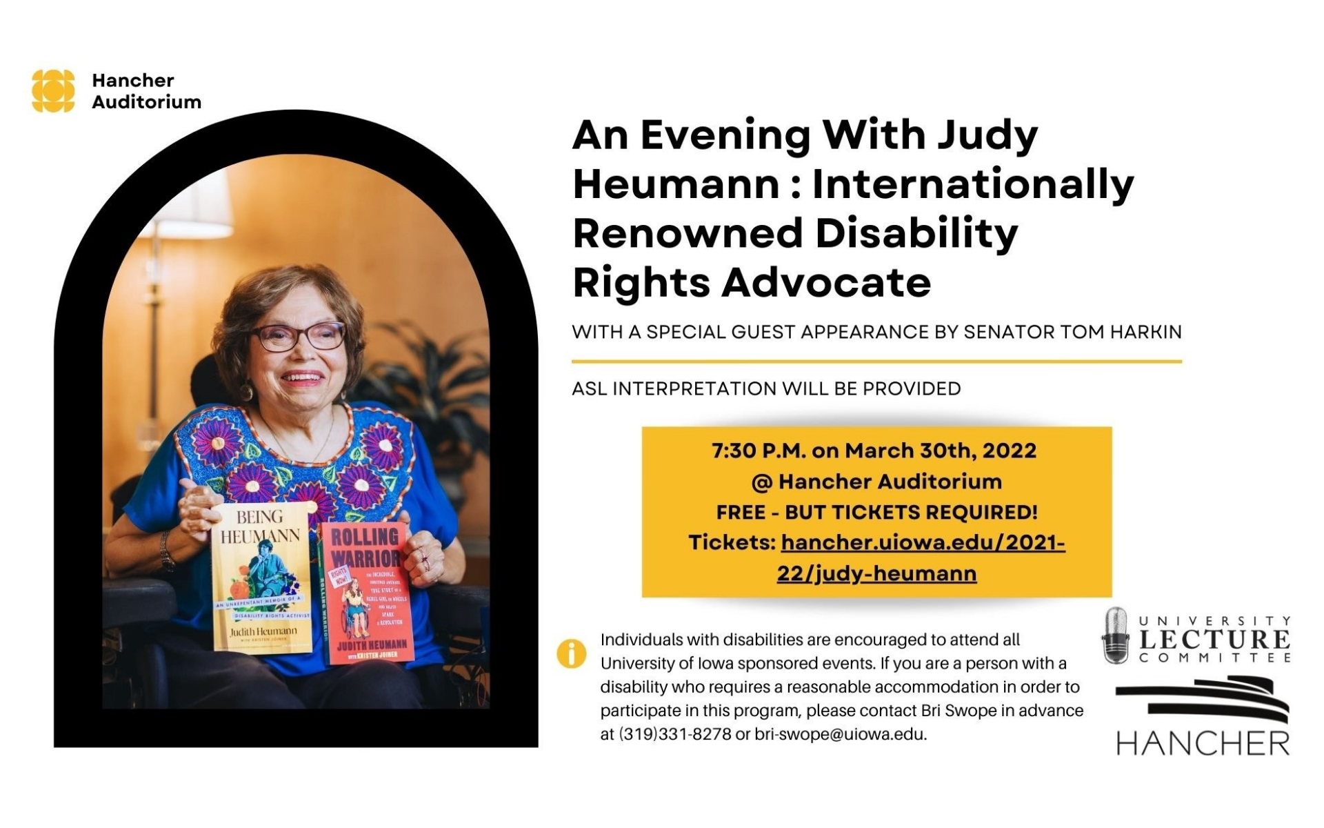Judy Heumann, Disability Rights activist, appearing at Hancher on March 30