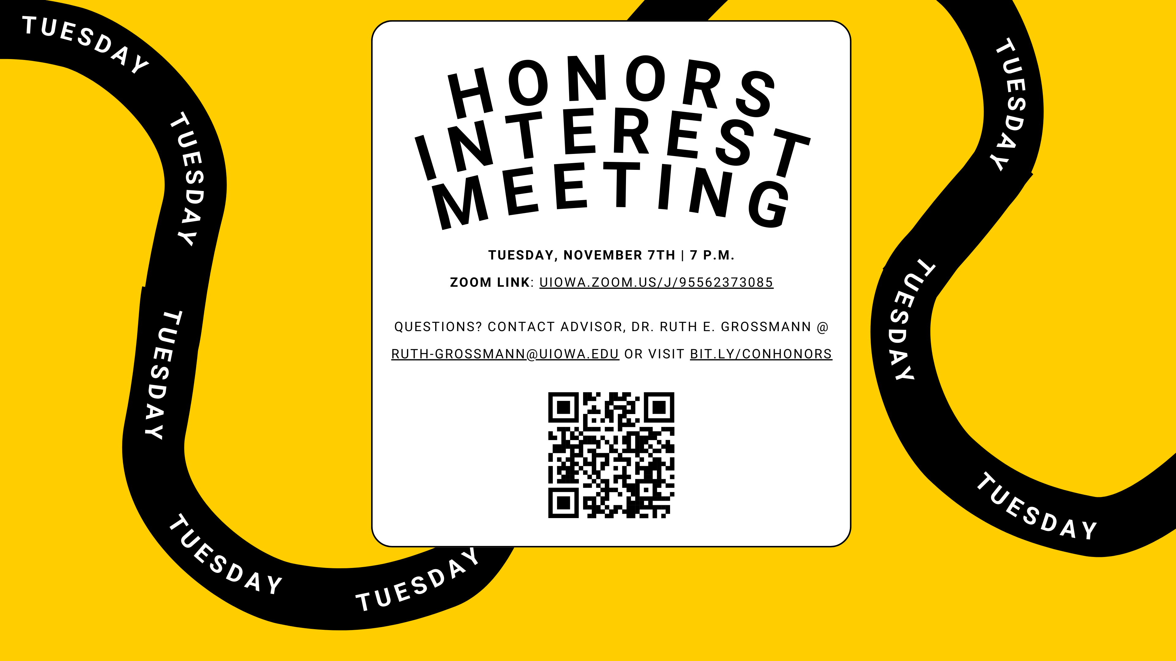 Graphic with information on Honors Info Meeting Tuesday Nov 7 via zoom