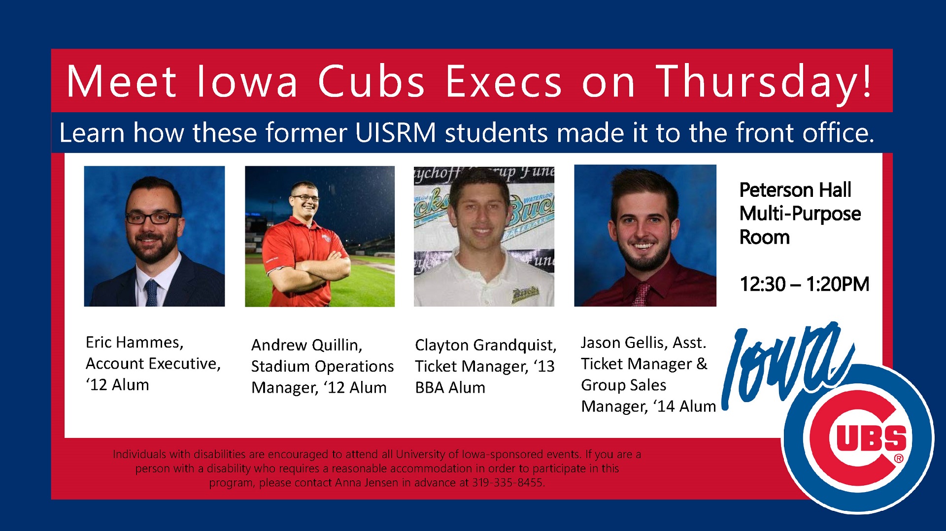 Iowa Cubs Executives on campus 11/2/17 @ 12:30 in Peterson Hall Multipurpose Room
