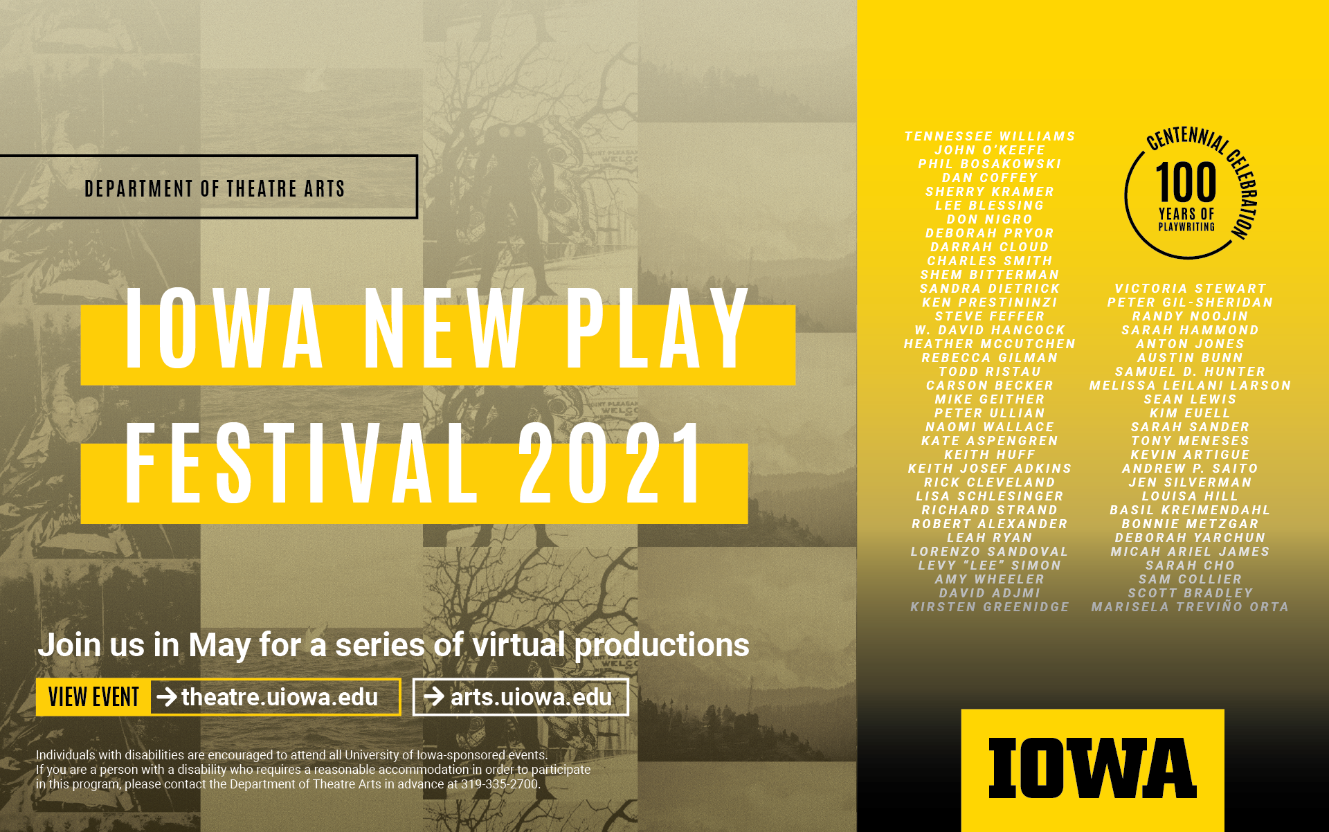 Iowa New Play Festival. Join us in May for a series of virtual productions. View event: theatre.uiowa.edu. Photo collage and list of playwrights.