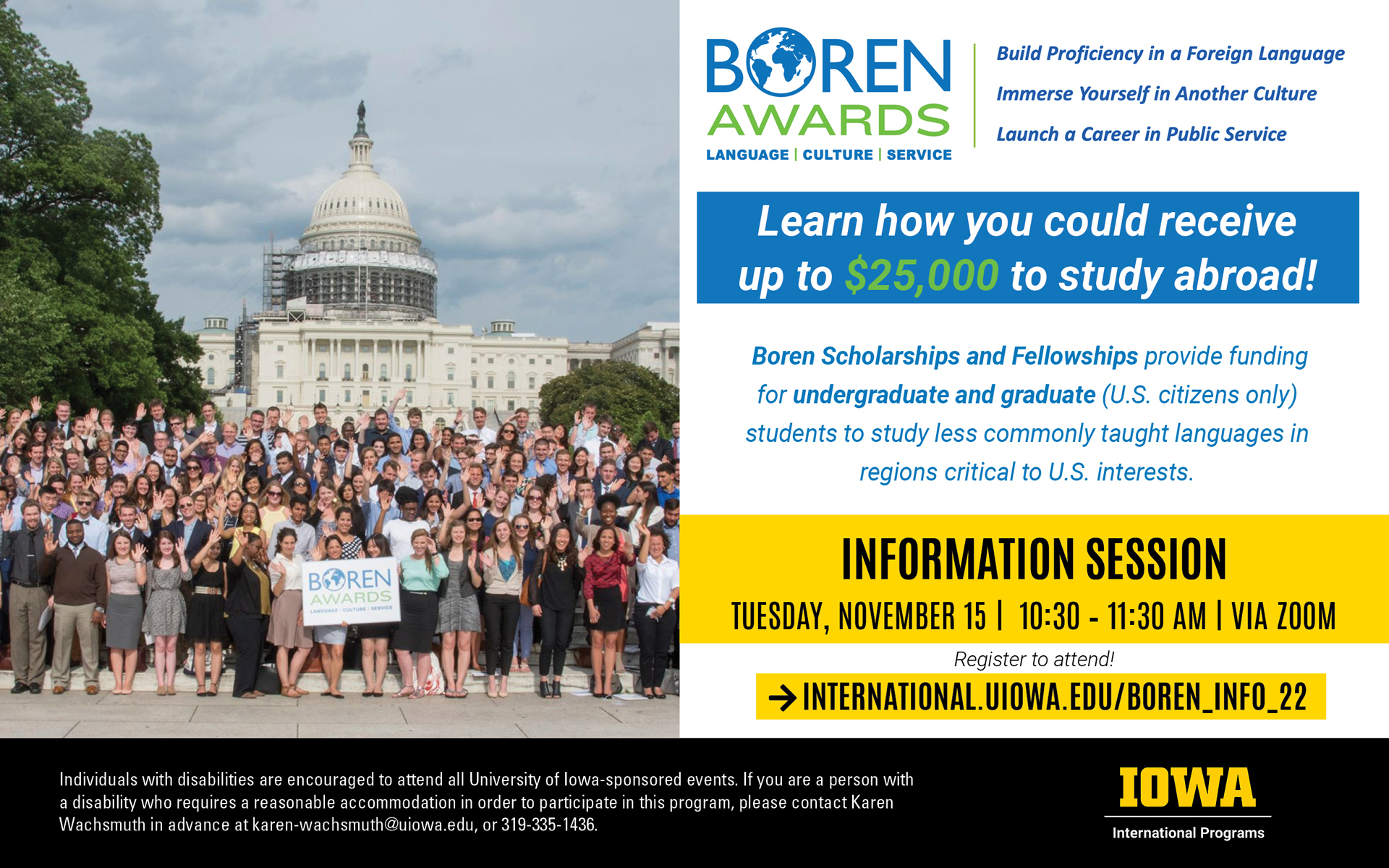 Boren Scholarship and Fellowship Information Session, Tuesday November 15 10:30-11:30am