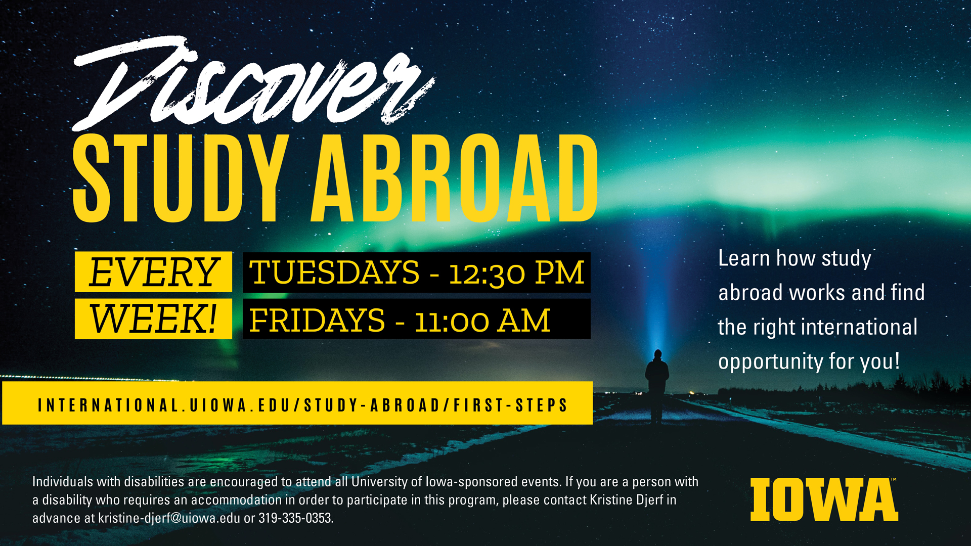 Study abroad info every week tuesdays 12:30 and fridays 11 am