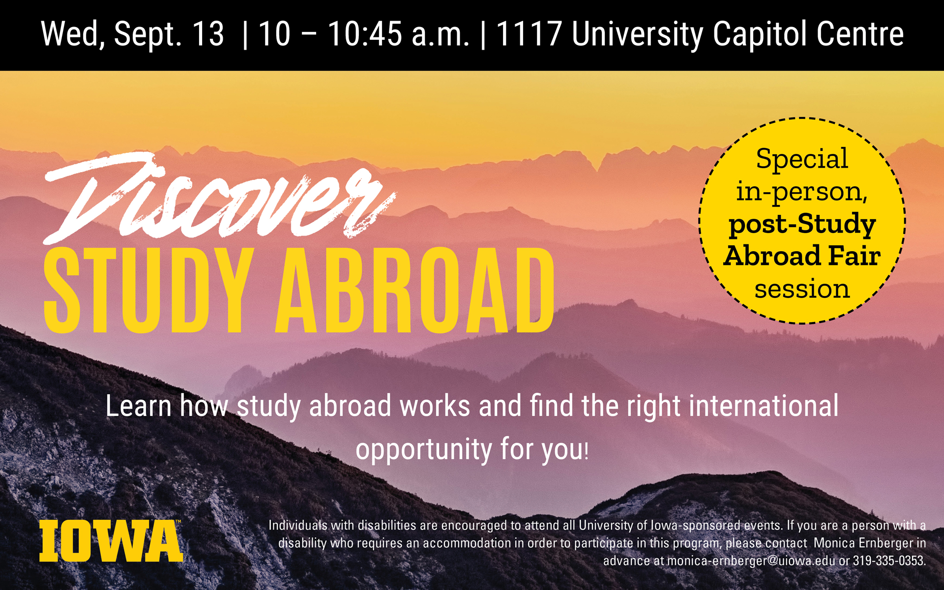 Discover Study Abroad: Wed. Sept. 13 10-10:45 a.m. at 1117 University Capitol Centre