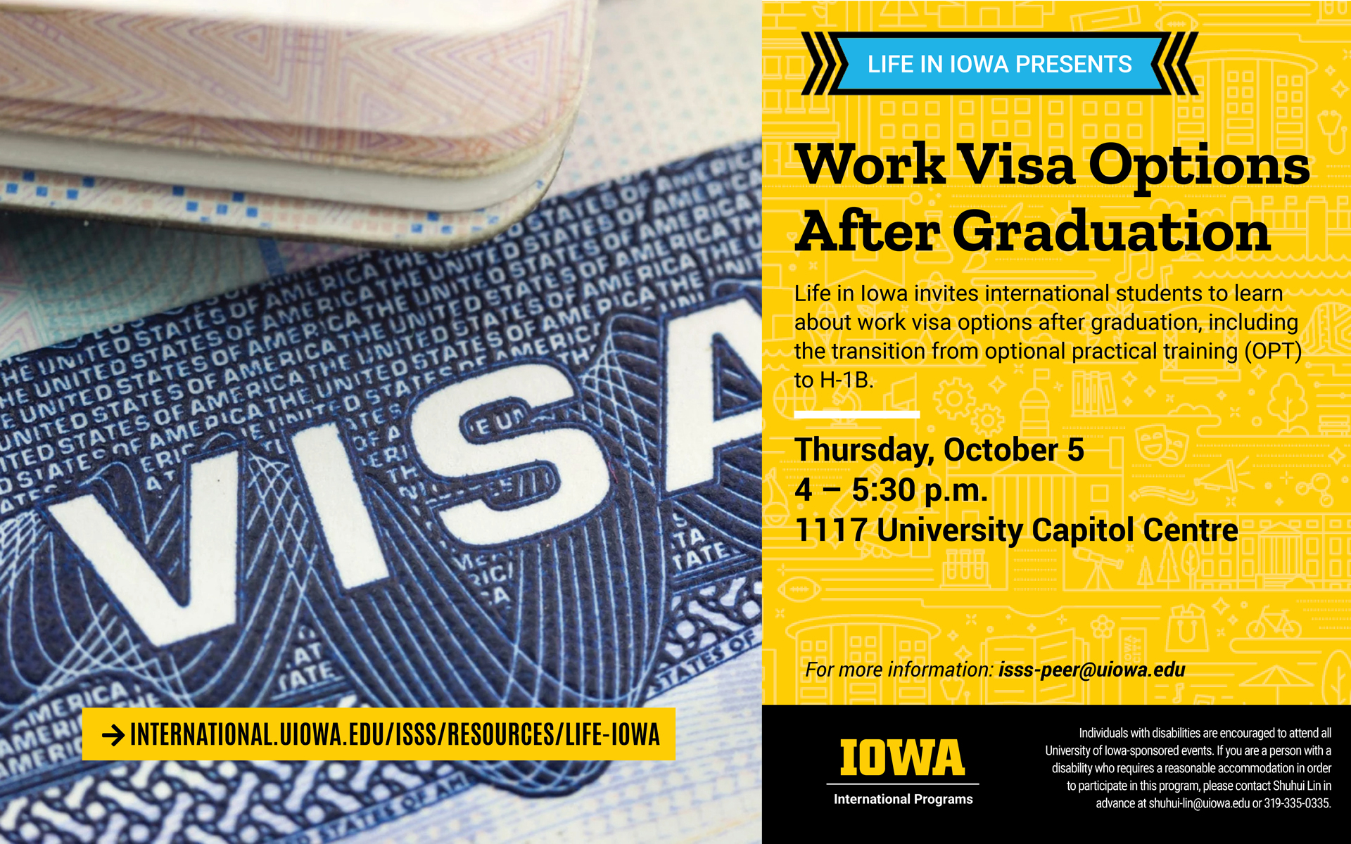 Work Visa Options After Graduation, Thursday October 5, 4-5:30pm at 1117 University Capitol Centre