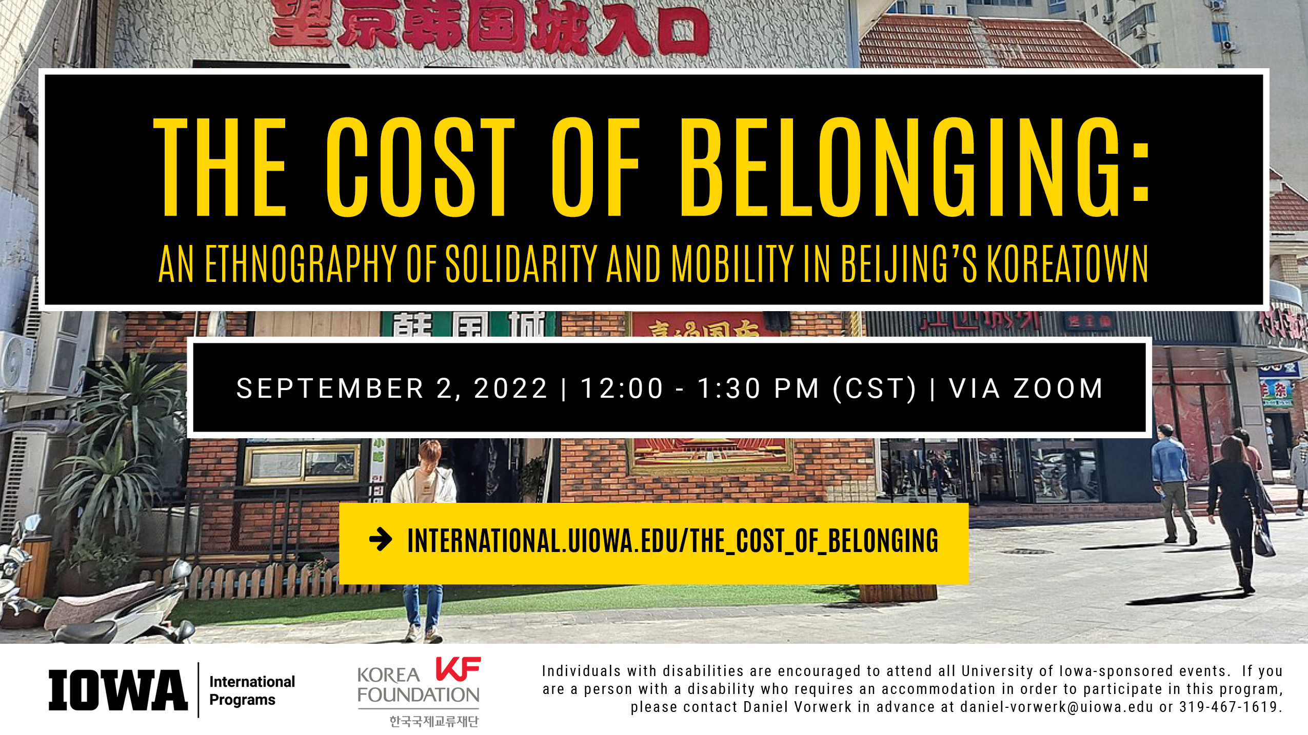 The Cost of Belonging: An Ethnography of Solidarity and Moblility in Bejing's Koreatown: Sept. 2 @ 12pm on Zoom