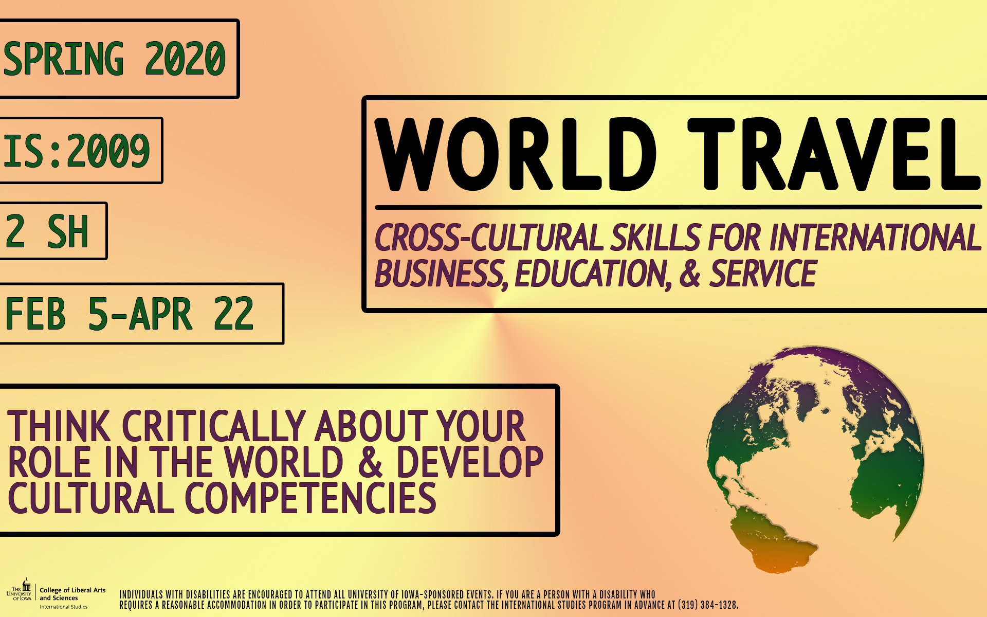 Spring 2020 IS:2009 2 sh Feb 5-apr 22 World travel cross-cultural skills for international business education and service.