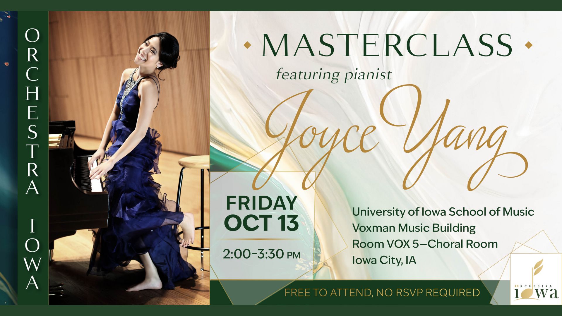 joyce yang standing at grand piano keyboard in a ball gown and bare feet