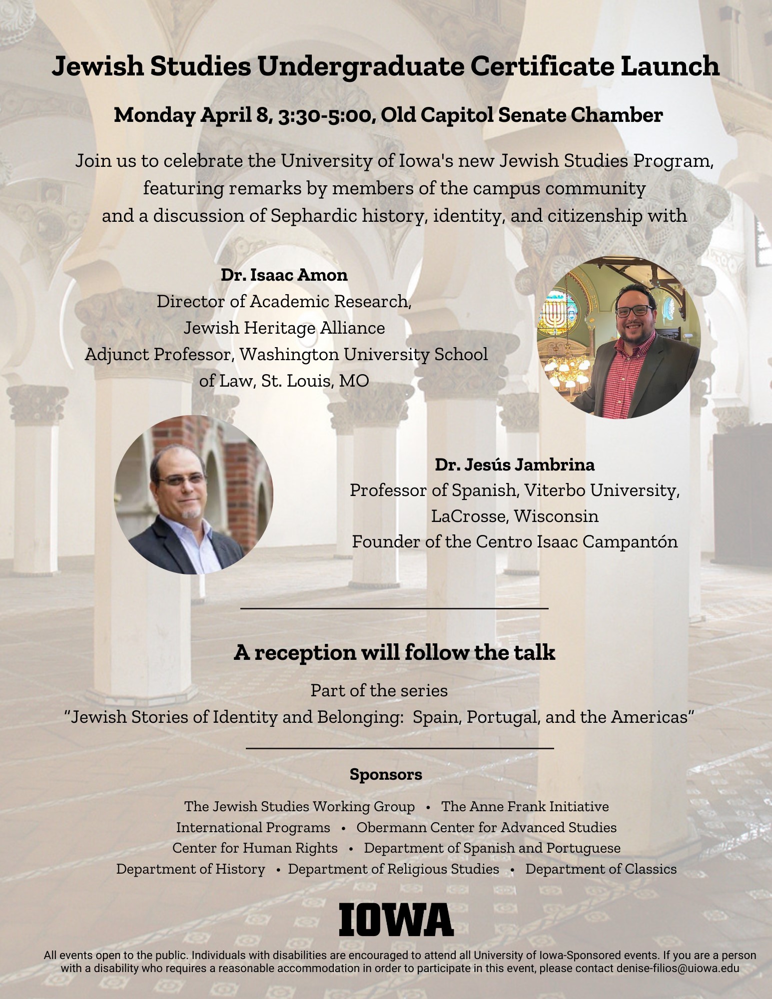 Monday april 8th at old capitol senate chambers launch of jewish studies certificate