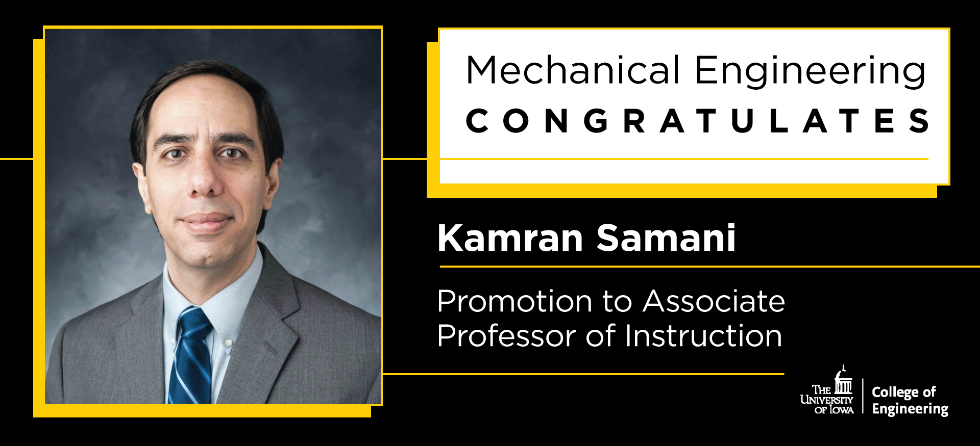 Kamran Samani Promotion to Associate professor of Instruction