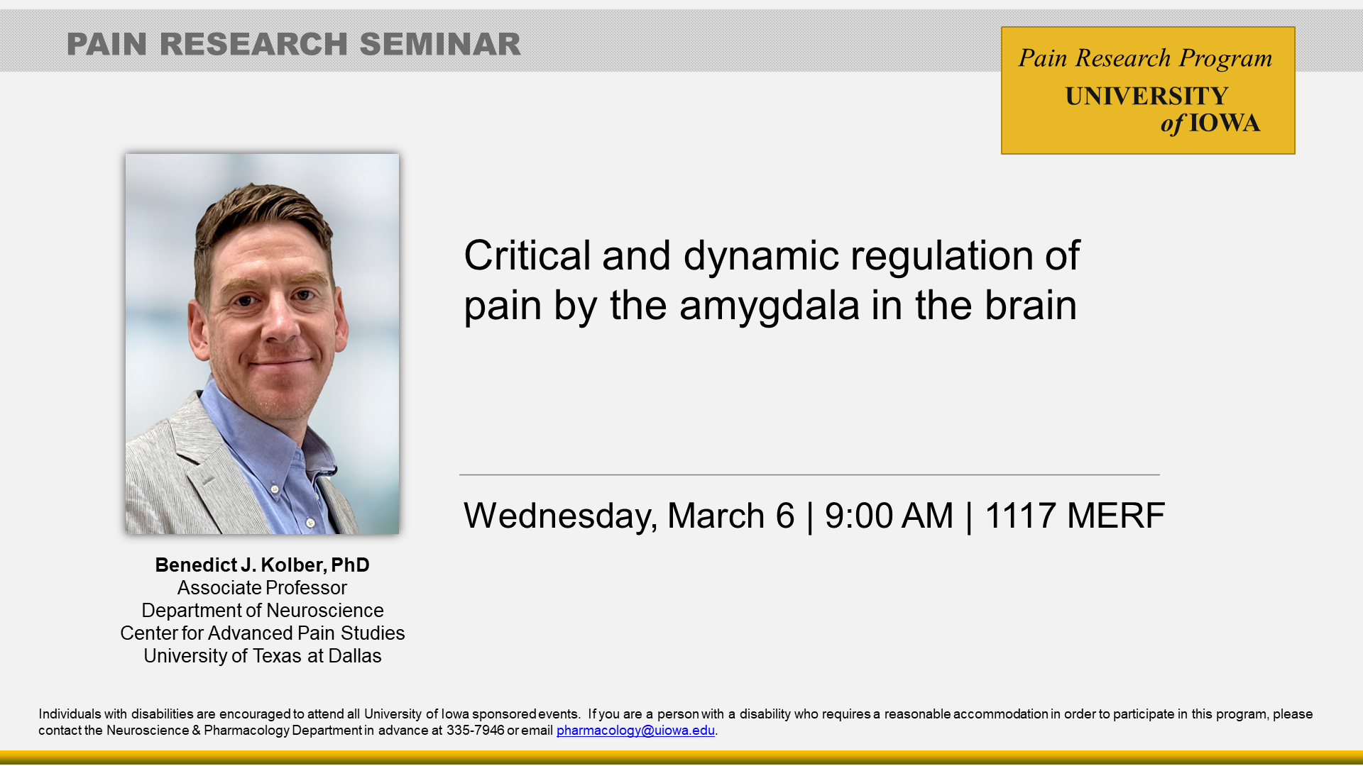 Dr. Benedict Kolber - Pain Research Seminar Speaker, 3.6.24