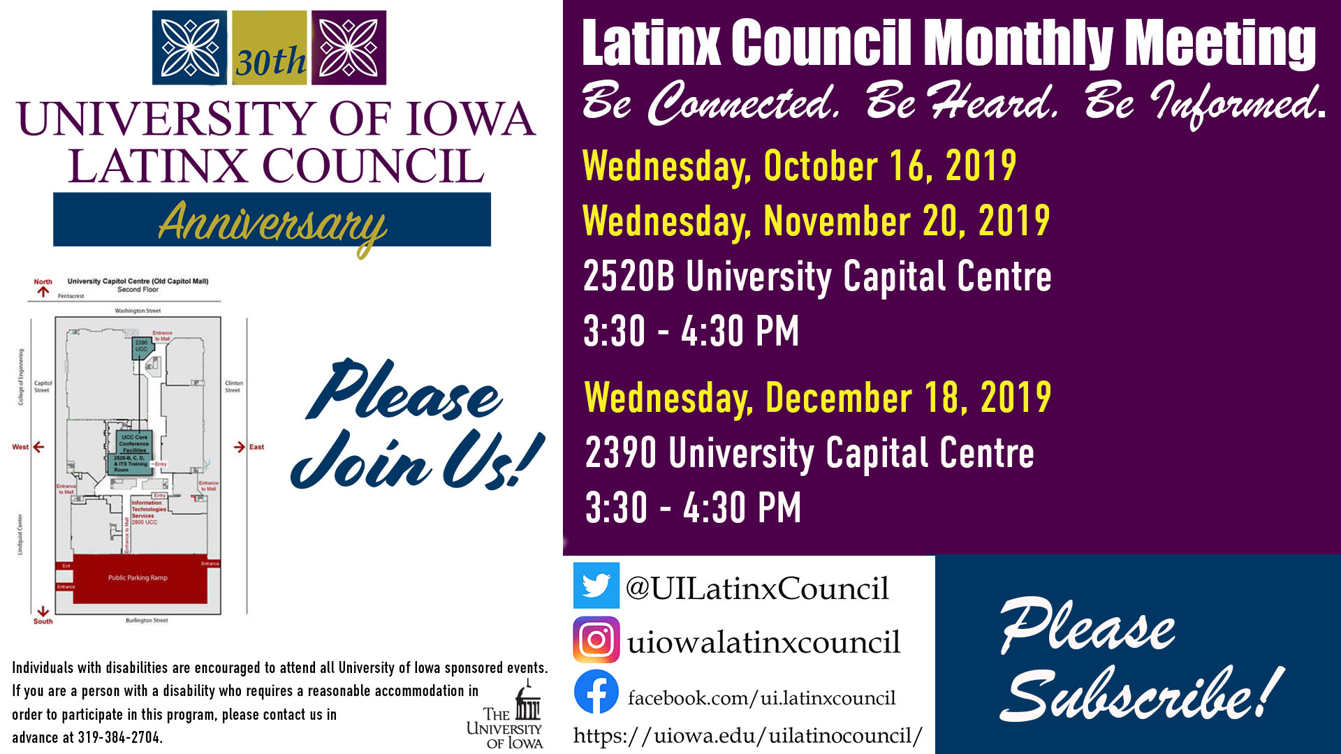 University of Iowa Latinx Council Monthly Meeting. Be connect, be heard, be informed. Please join us! 