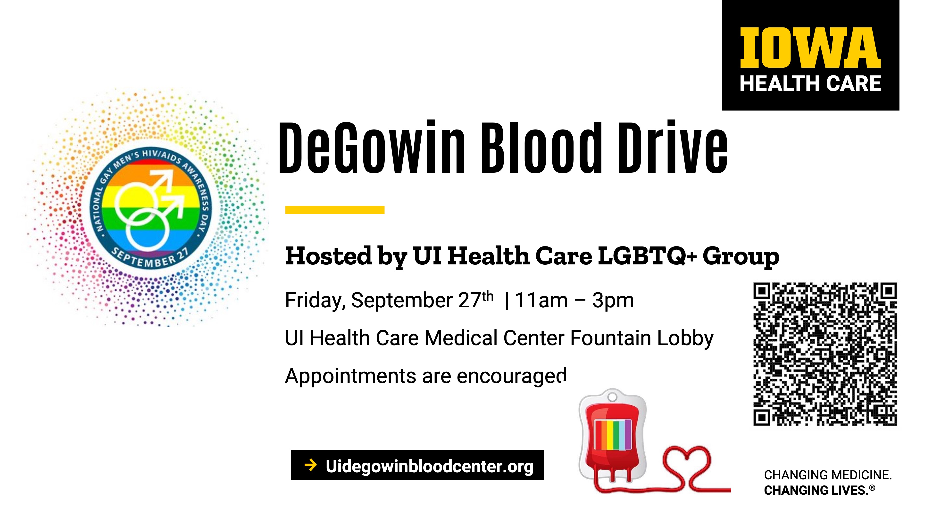 Degowin blood drive sponsored by UI Health Care LGBTQ+ group. Sept 27, 11-3 p.m. 