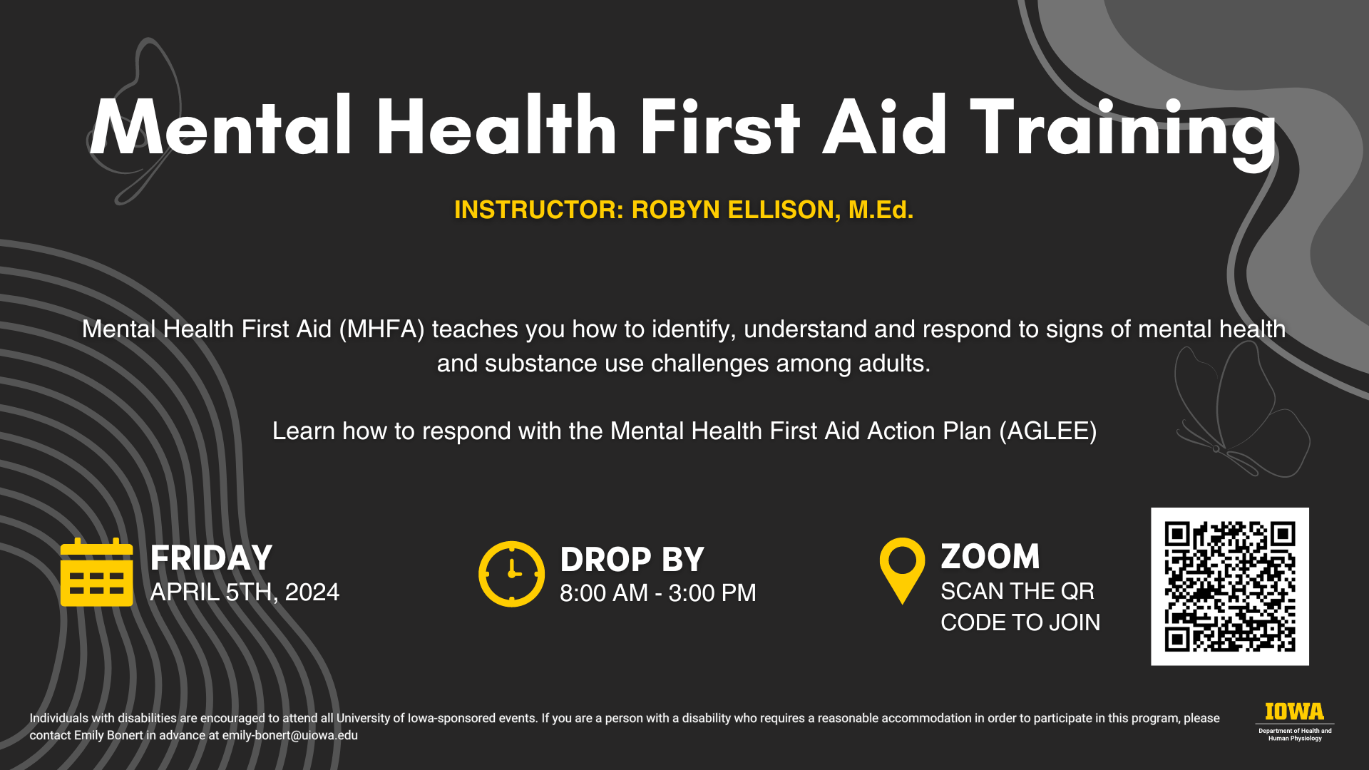 Mental Health First Aid (MHFA) teaches you how to identify, understand and respond to signs of mental health and substance use challenges among adults.