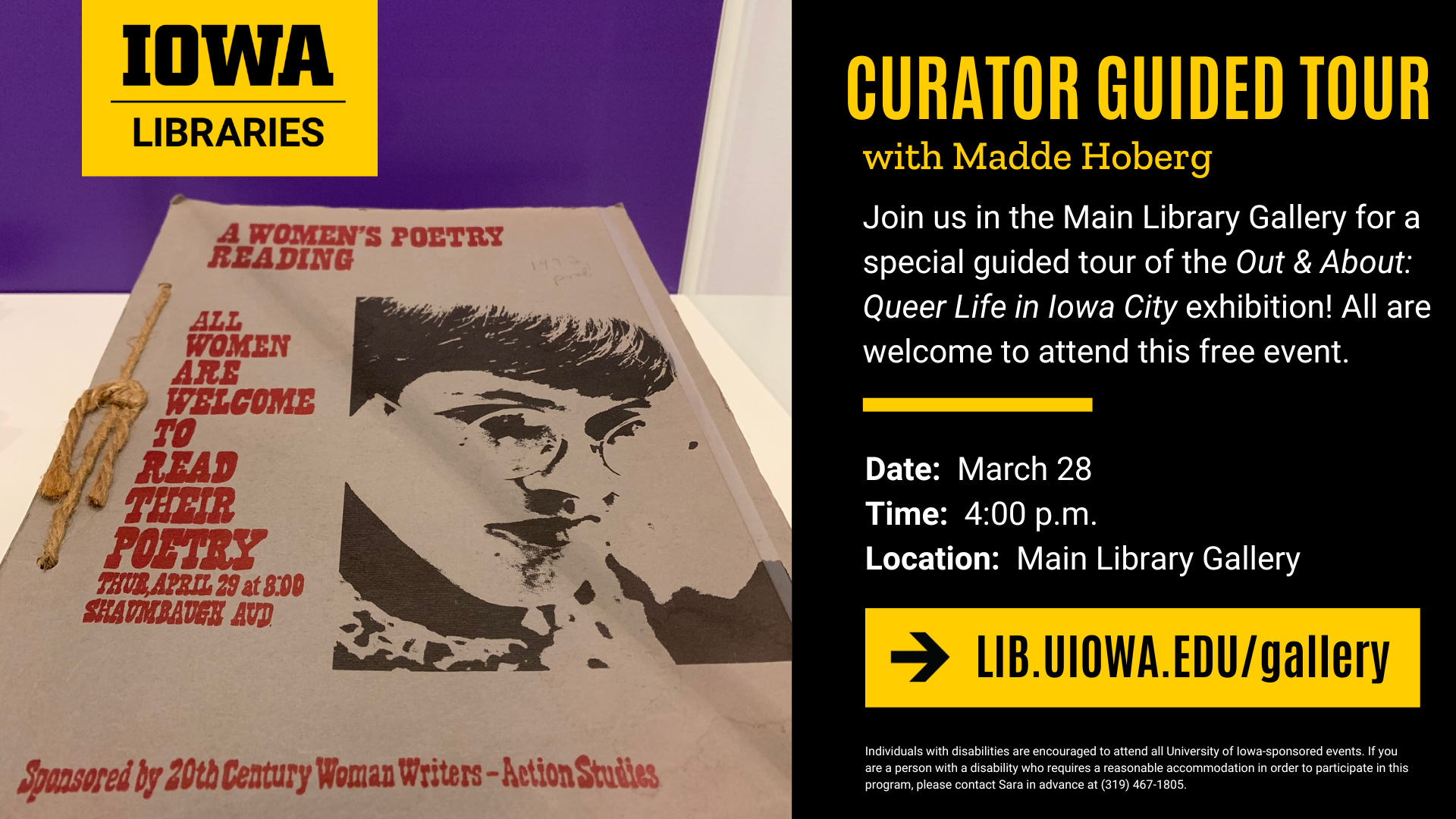 Curator Guided Tour with Madde Hoberg, March 18 at 4 pm in the Main Library Gallery.  Free event.