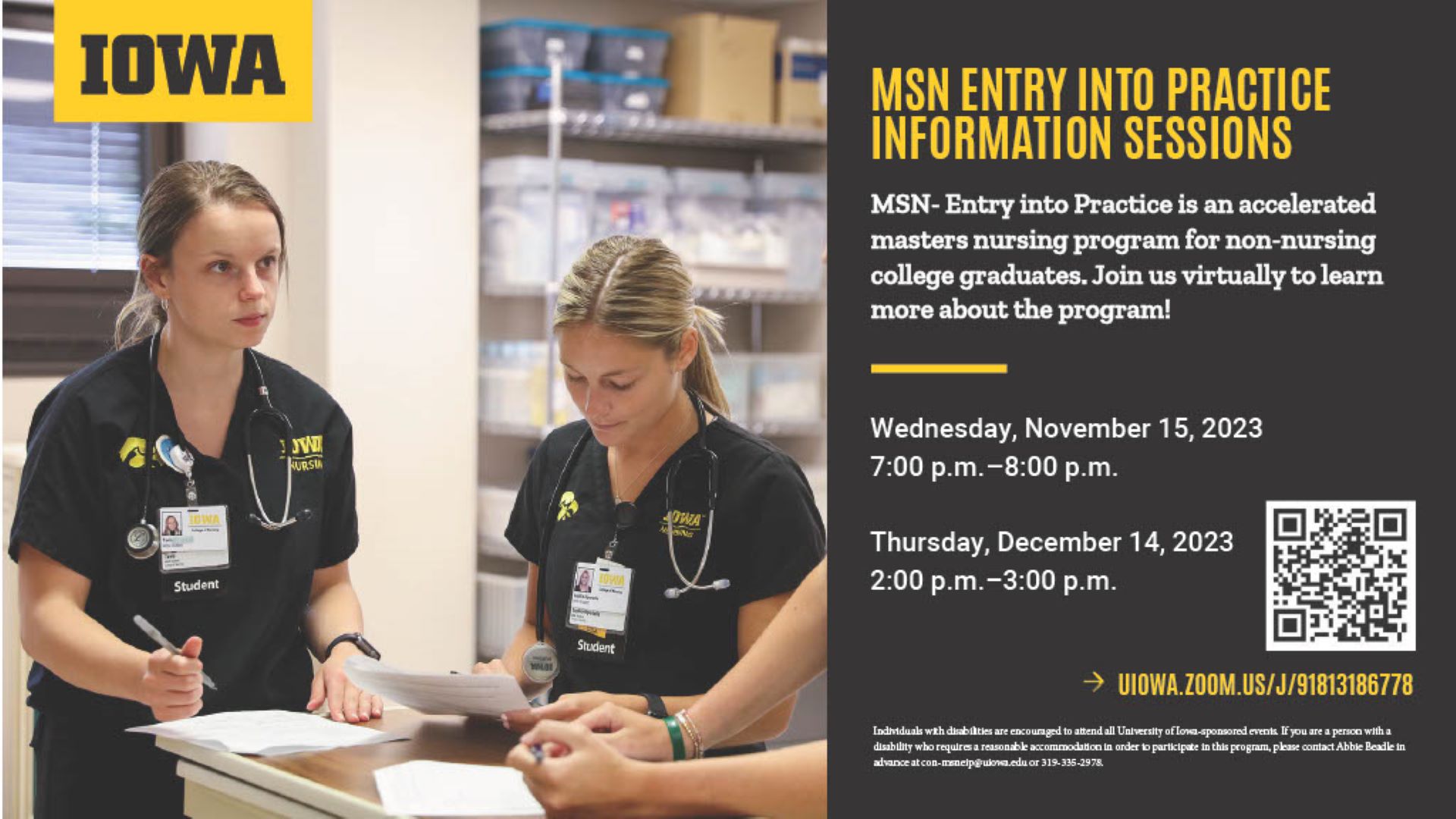 Image of two women nurses with text: MSN Info sessions Nov 15 7 pm and Dec 14 2 pm over zoom