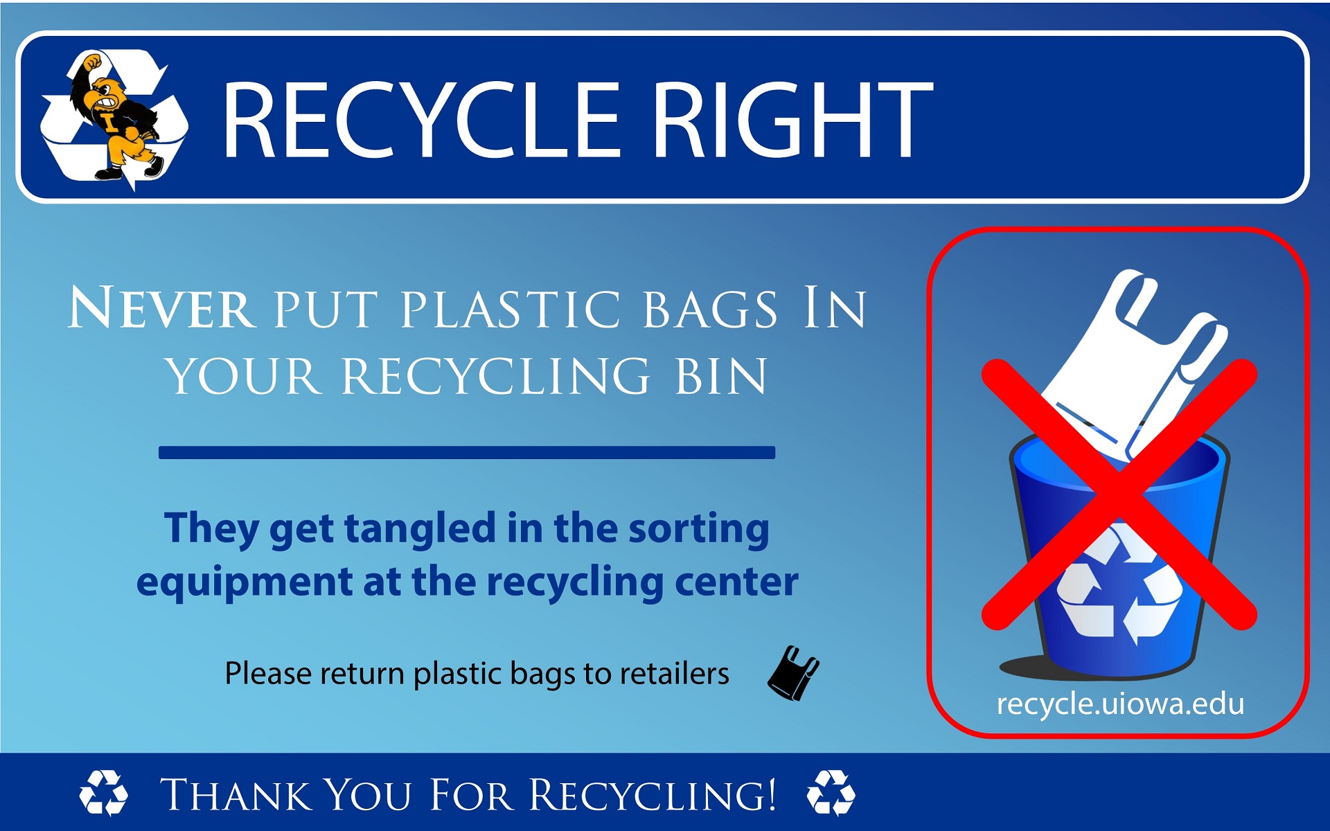 Recycle Right - Neven put plastic bags in recycle bins - Return bags to retailer.