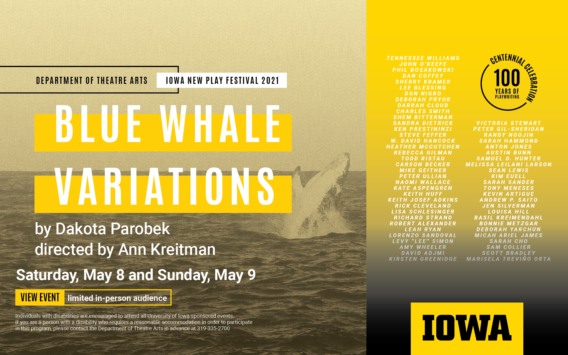 Blue Whale Variations. By Dakota Parobek. Directed by Ann Kreitman. Saturday, May 8 and Sunday, May 9. Limited in-perosn audience. Image of whale jumping in the ocean.