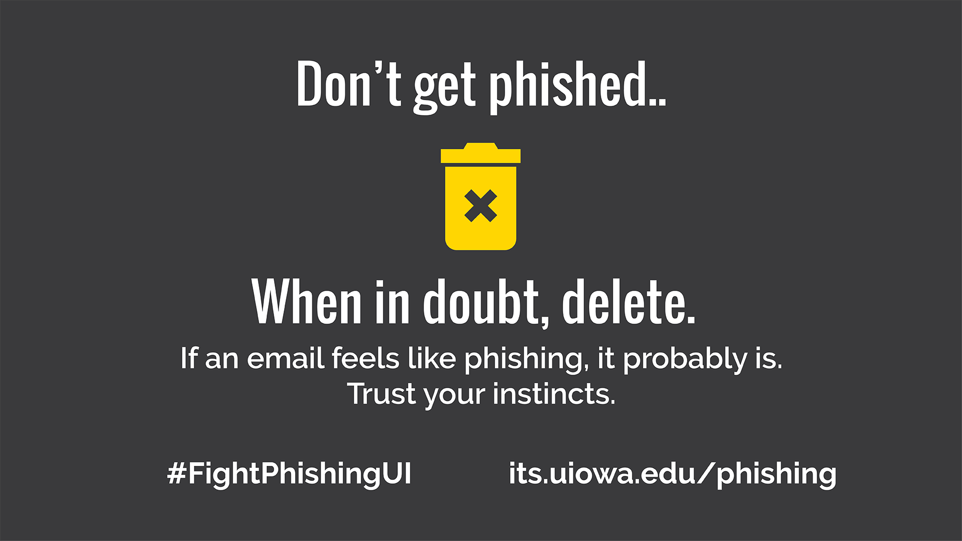 Don't get phished.. When in doubt, delete. If an email feels like phishing. It probably is. Trust your instincts. #FightPhishingUI its.uiowa.edu/phishing