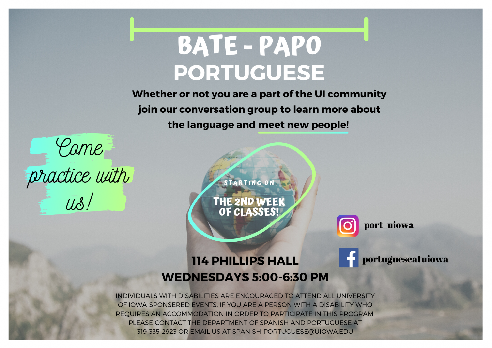 Bate-papo portuguese whether or not you are a part of the university join our conversation group to learn more about the language and meet new people 114 phillips hall wednesdays 5-6:30 pm