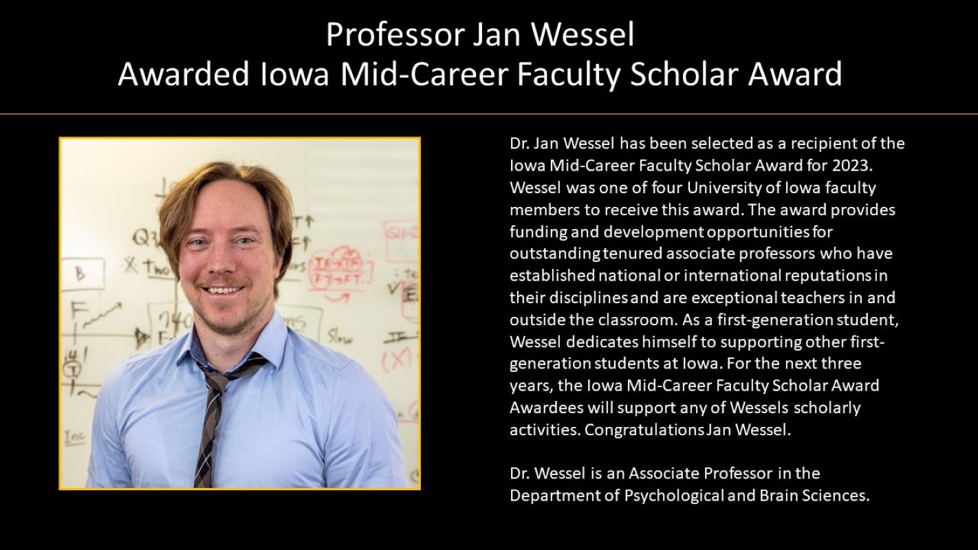 Professor Jan Wessel Awarded Iowa Mid-Career Faculty Scholar Award with photo