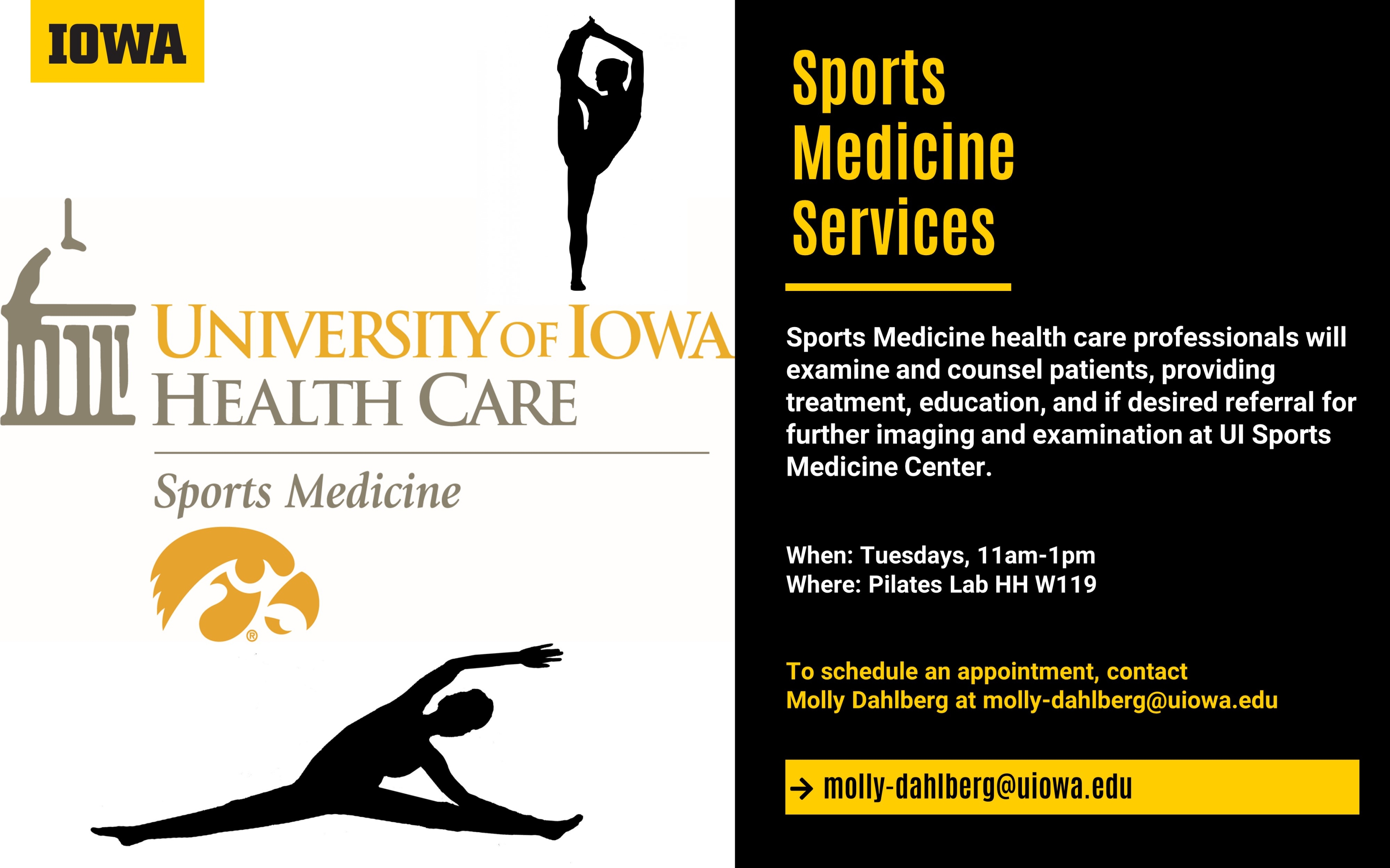 Sports Medicine Appointments available Tuesdays 11-1, HH W119, molly-dahlberg@uiowa.edu