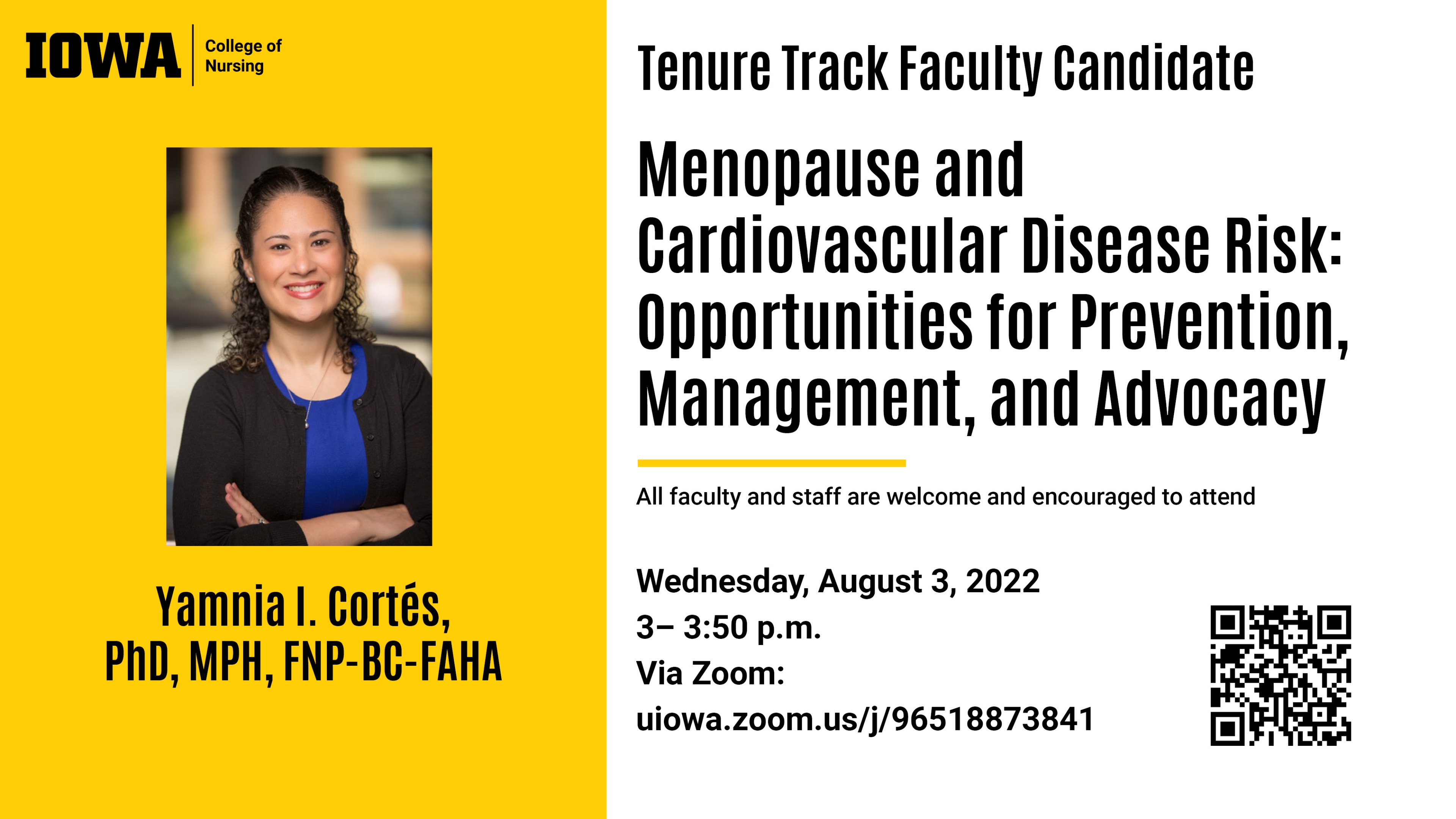 presentation by Y. Cortes, Prospective Tenure Track Faculty Candidate, August 3, 3 p.m. via zoom