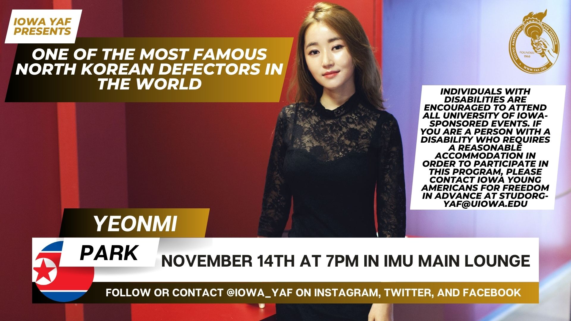 YAF Speaker Yeonmi Park Nov. 14th at 7pm IMU