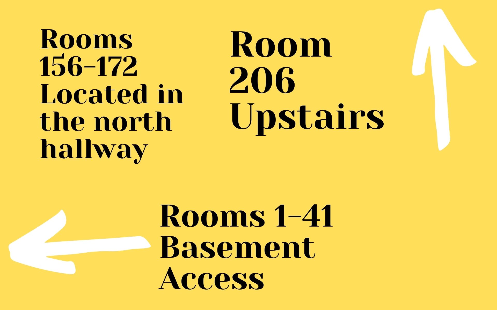 Rooms 156-172 Located in the north hallway. Room 206 Upstairs. Rooms 1-41 Basement Access